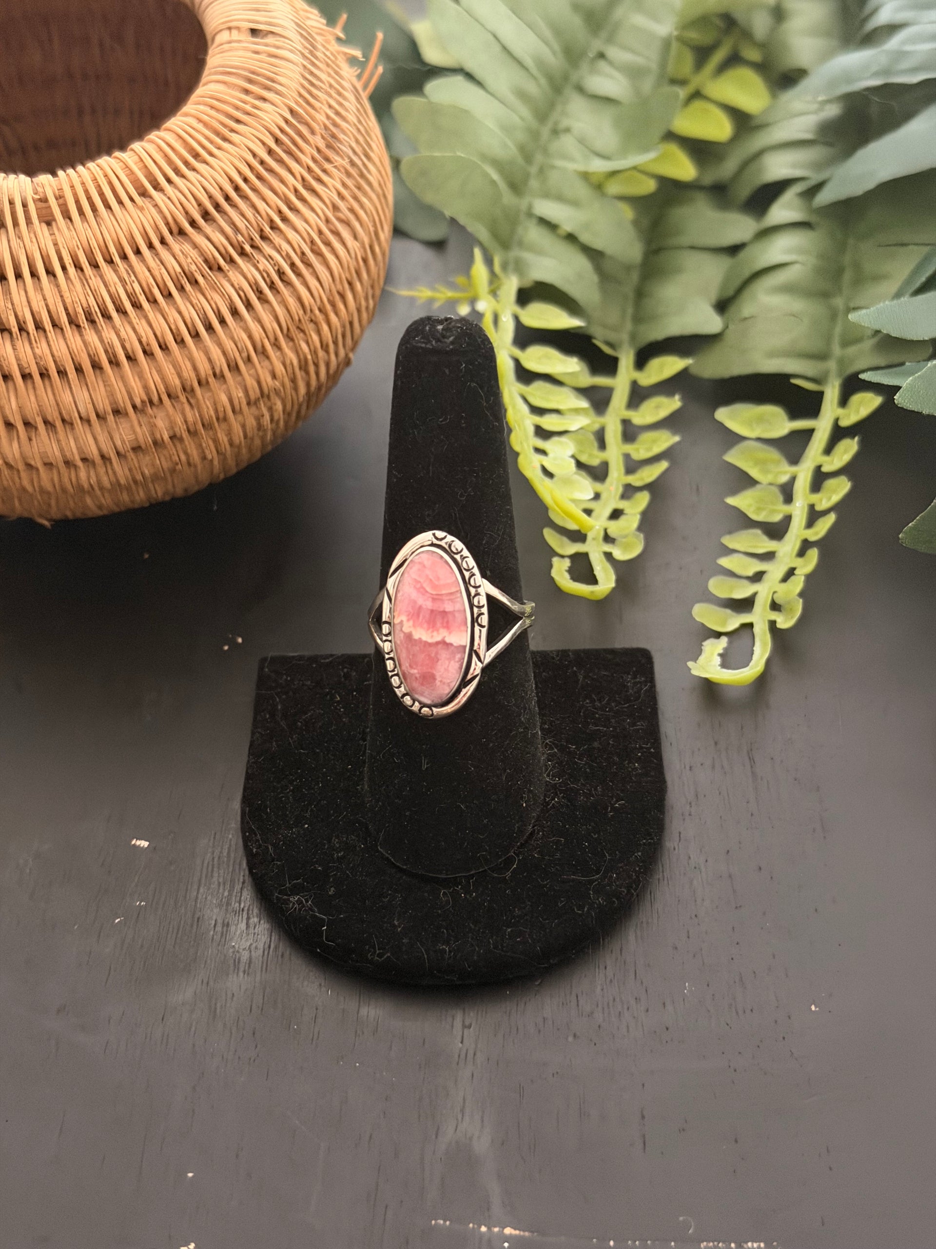 Navajo Made Rhodochrosite & Sterling Silver Ring Size 8.25