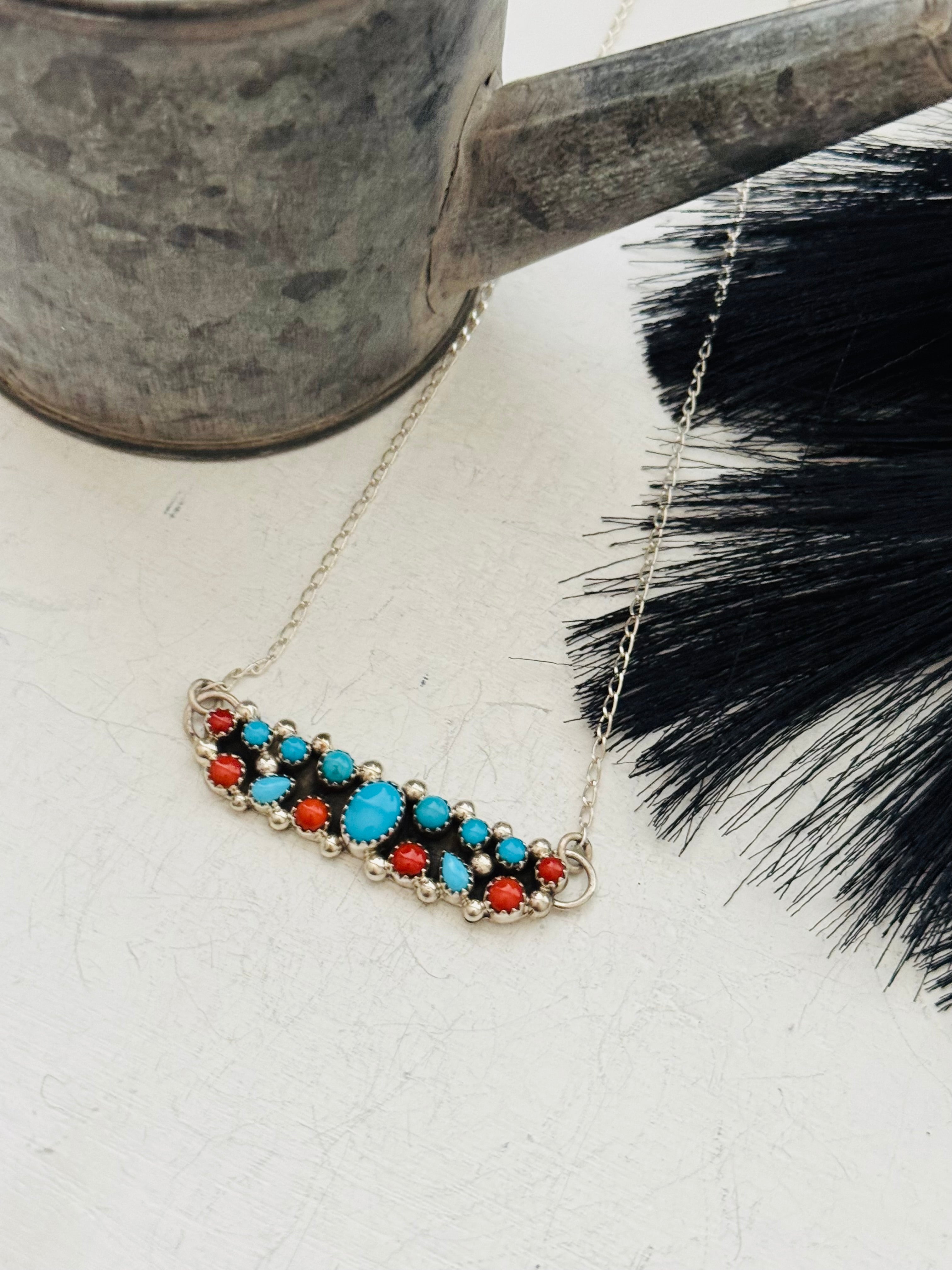 Navajo Made Multi Stone & Sterling Silver Bar Necklace