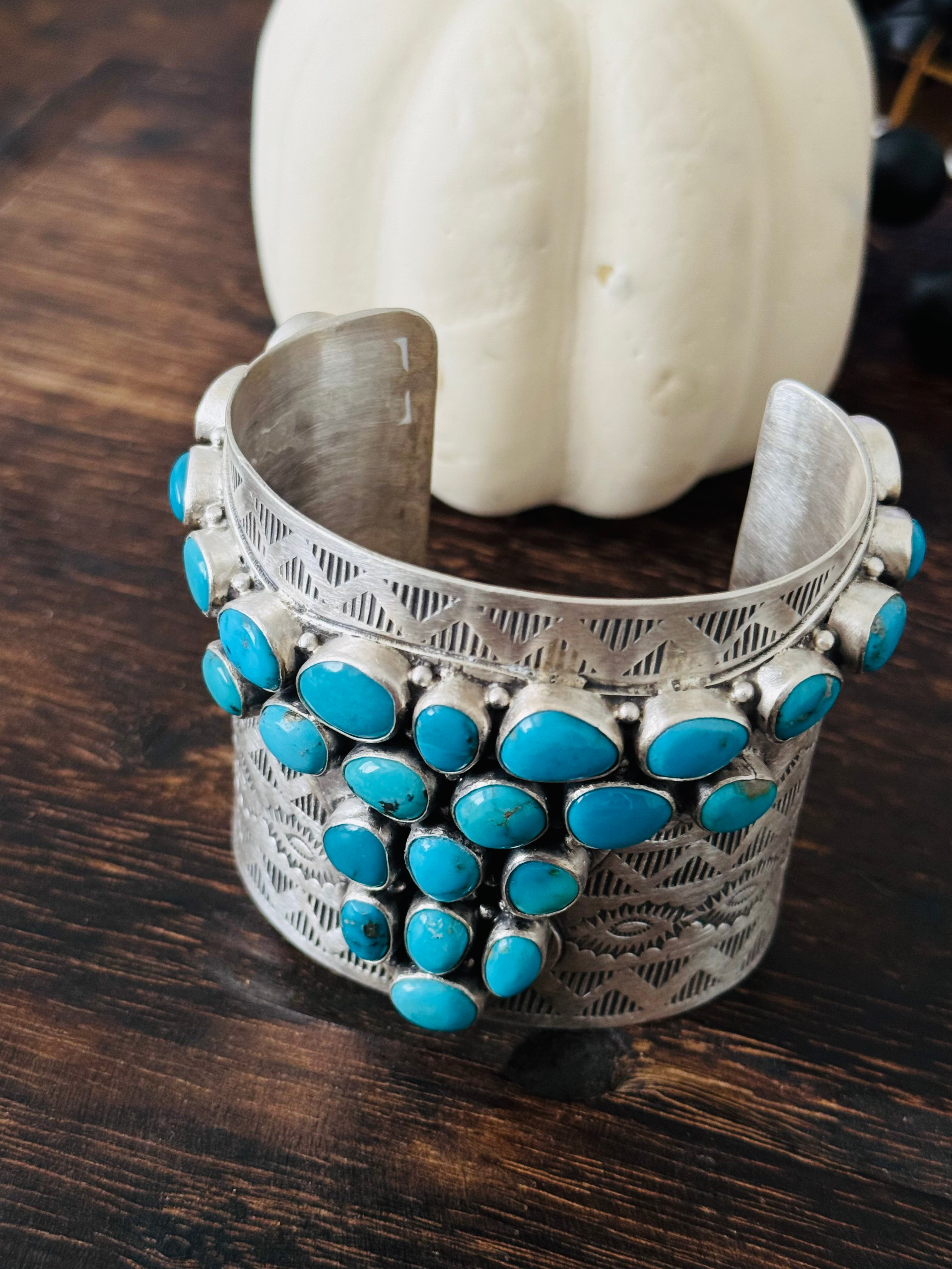 Navajo Made Kingman Turquoise & Sterling Silver Bull Cluster Cuff Bracelet