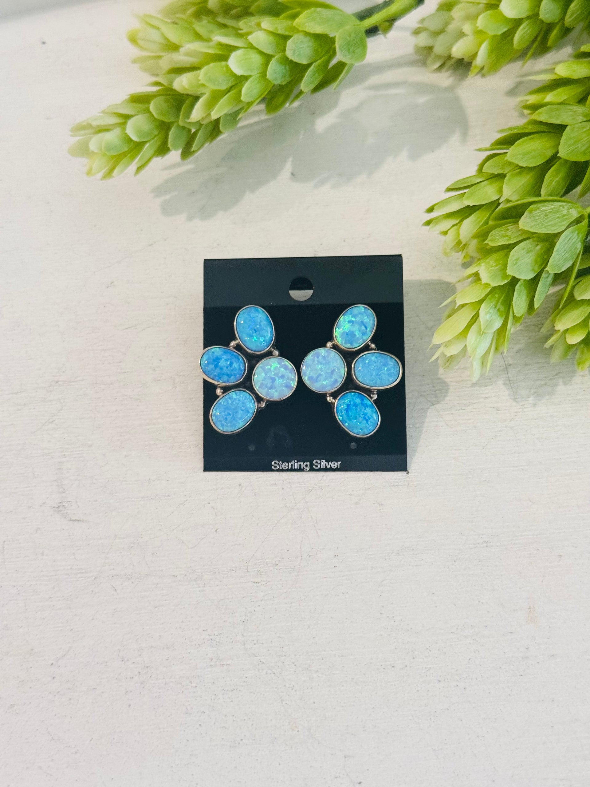 Southwest Handmade Blue Opal & Sterling Silver Post Dangle Cluster Earrings