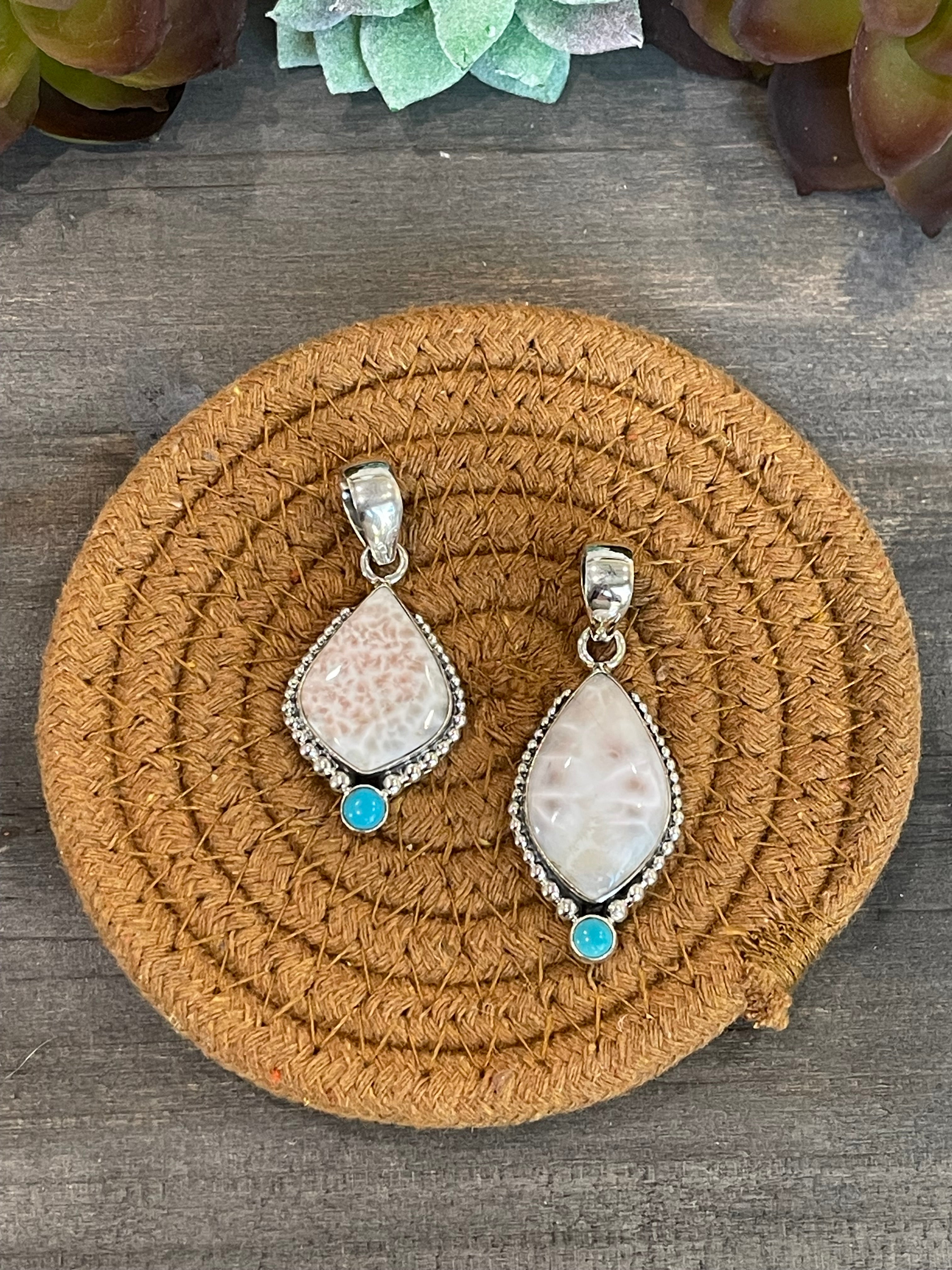 Southwest Handmade Pink Larimar And Kingman Turquoise & Sterling Silver Pendant