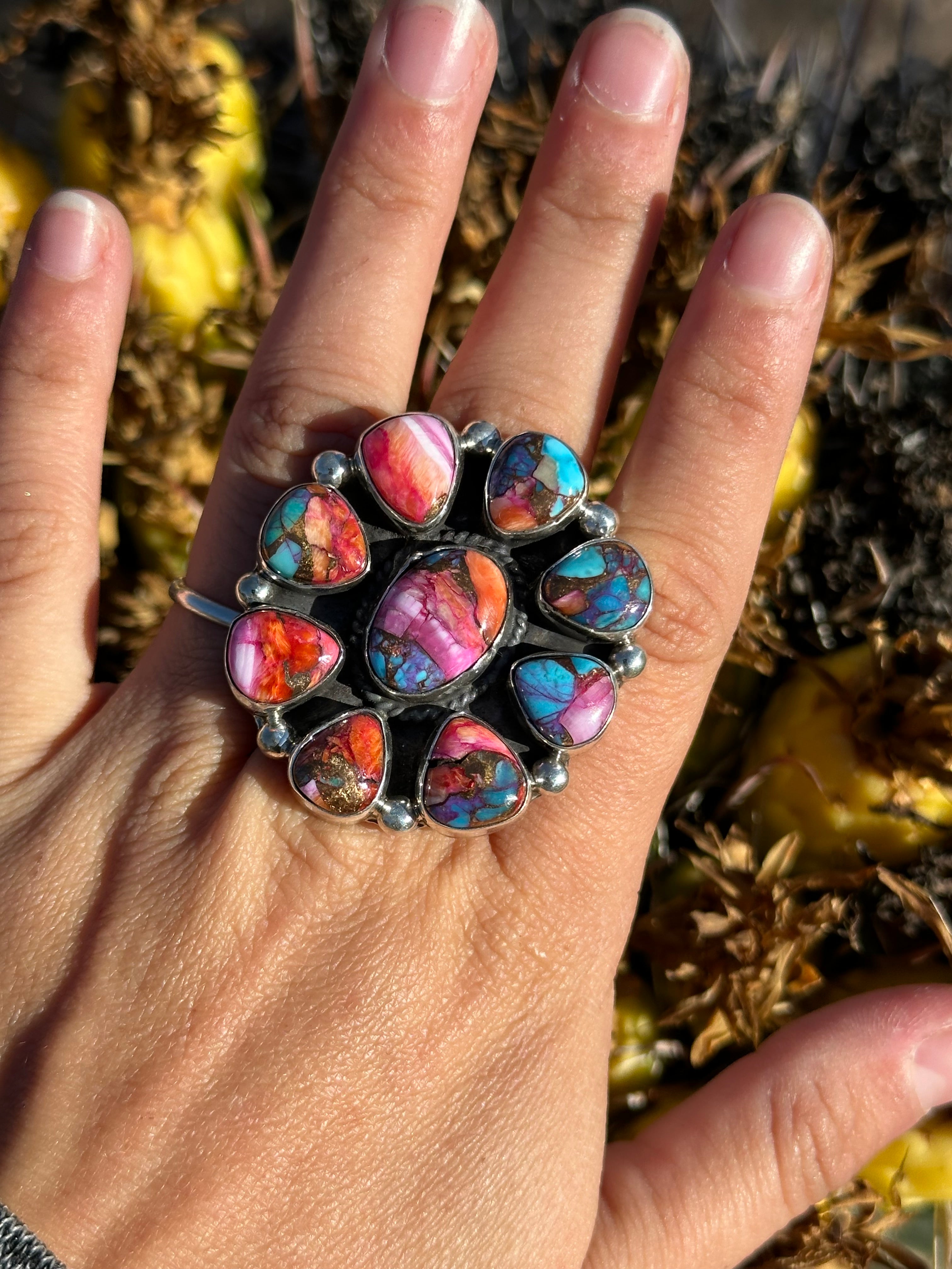 Tillie Jon Pink Mohave Turquoise & Sterling Silver Cluster Ring Size 10
