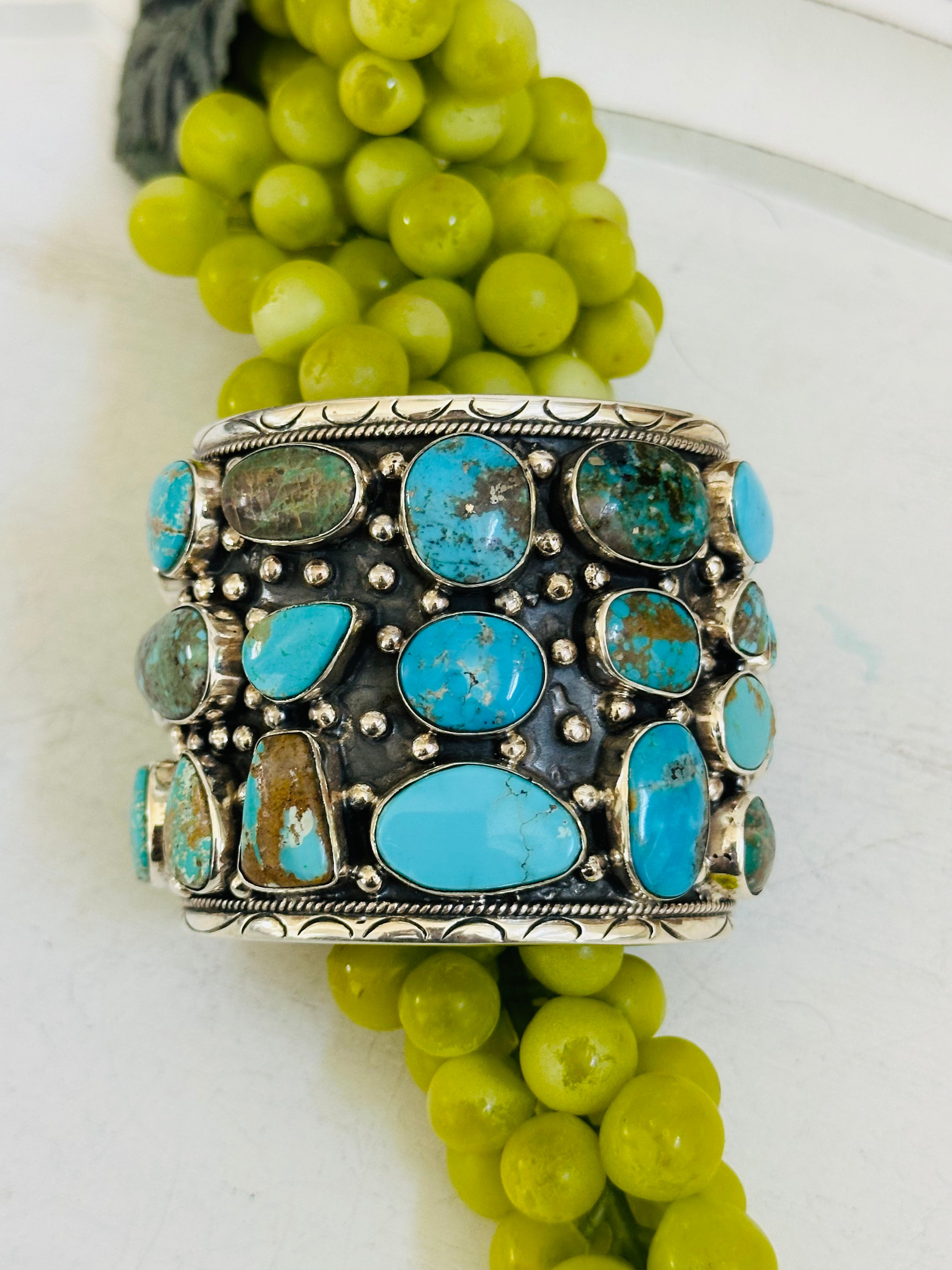 Ted Vacit Kingman Turquoise & Sterling Silver Cluster Cuff Bracelet