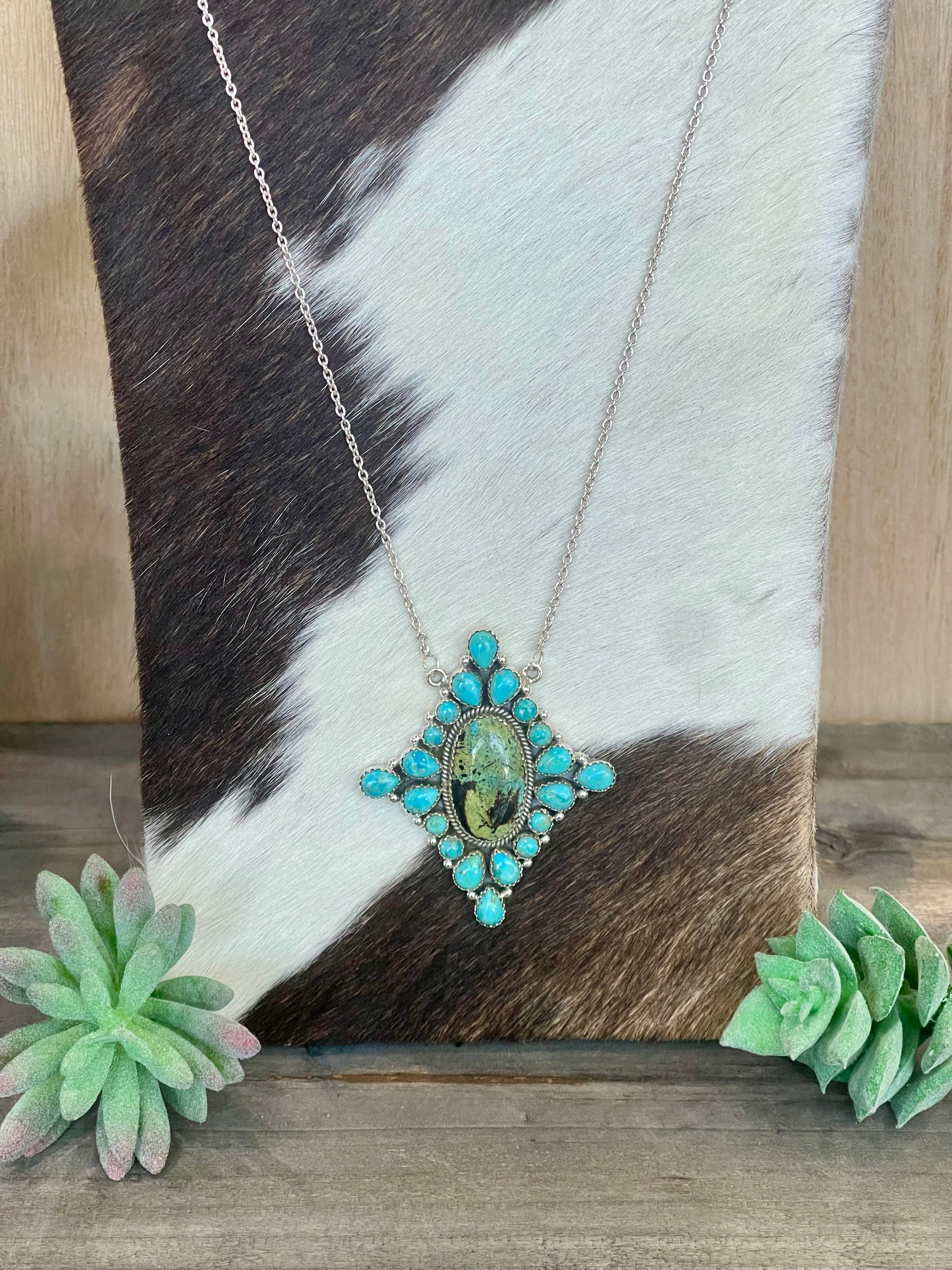 Southwest Handmade BlackJack Turquoise And Kingman Turquoise & Sterling Silver Necklace