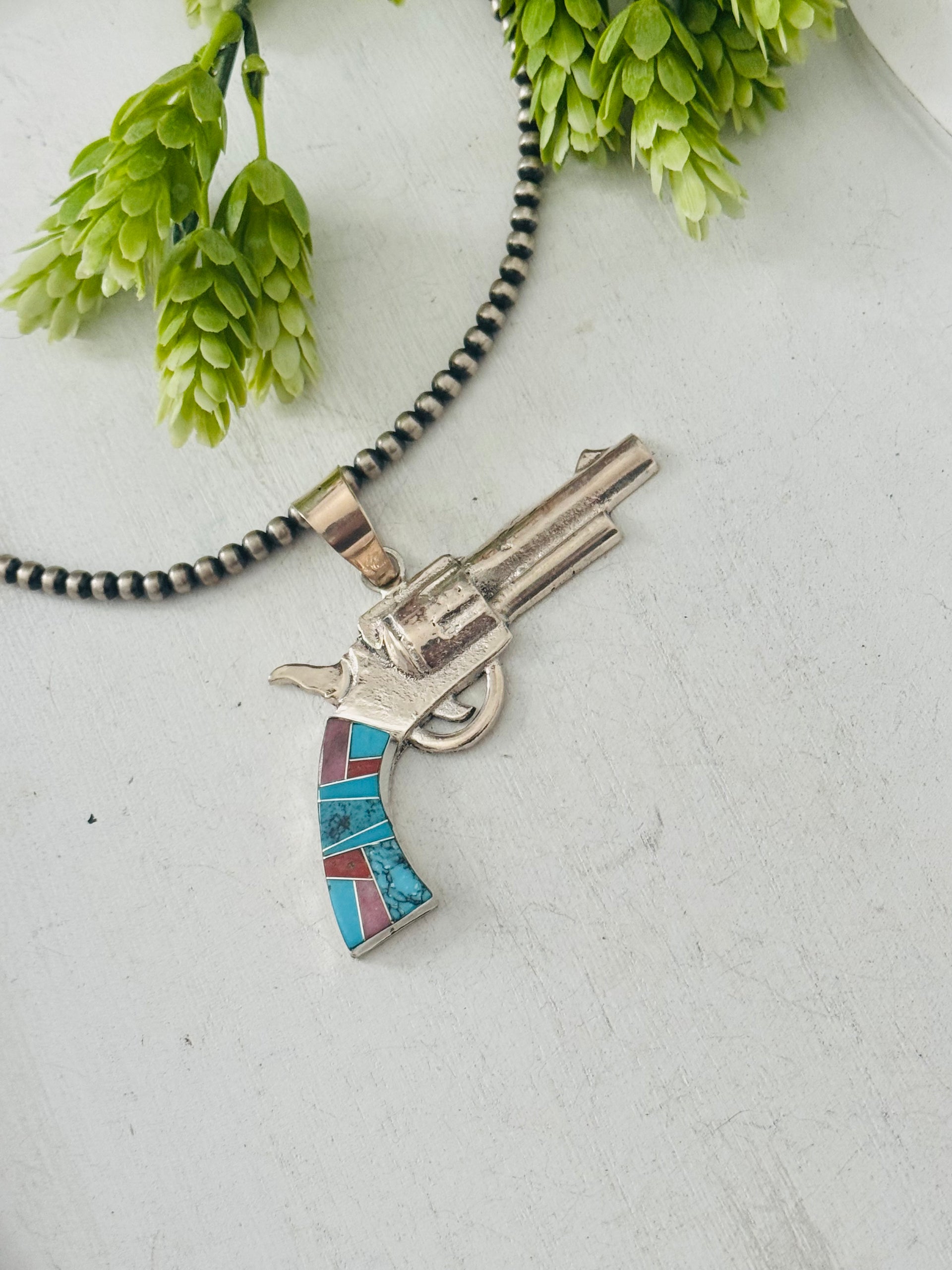 Bobby Mannelito Multi Stone & Sterling Silver Pistol Pendant