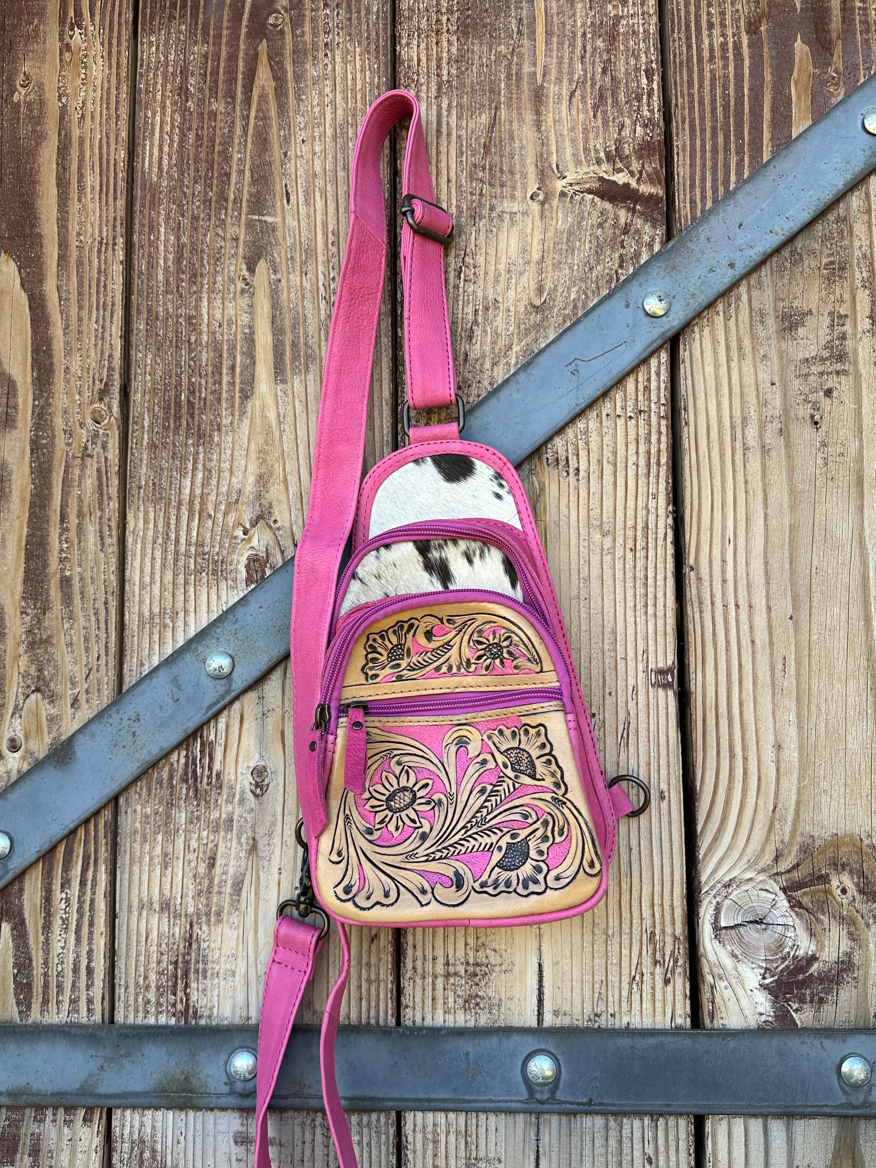 Genuine Tooled Leather & Cowhide Cross Body Purse/Pack