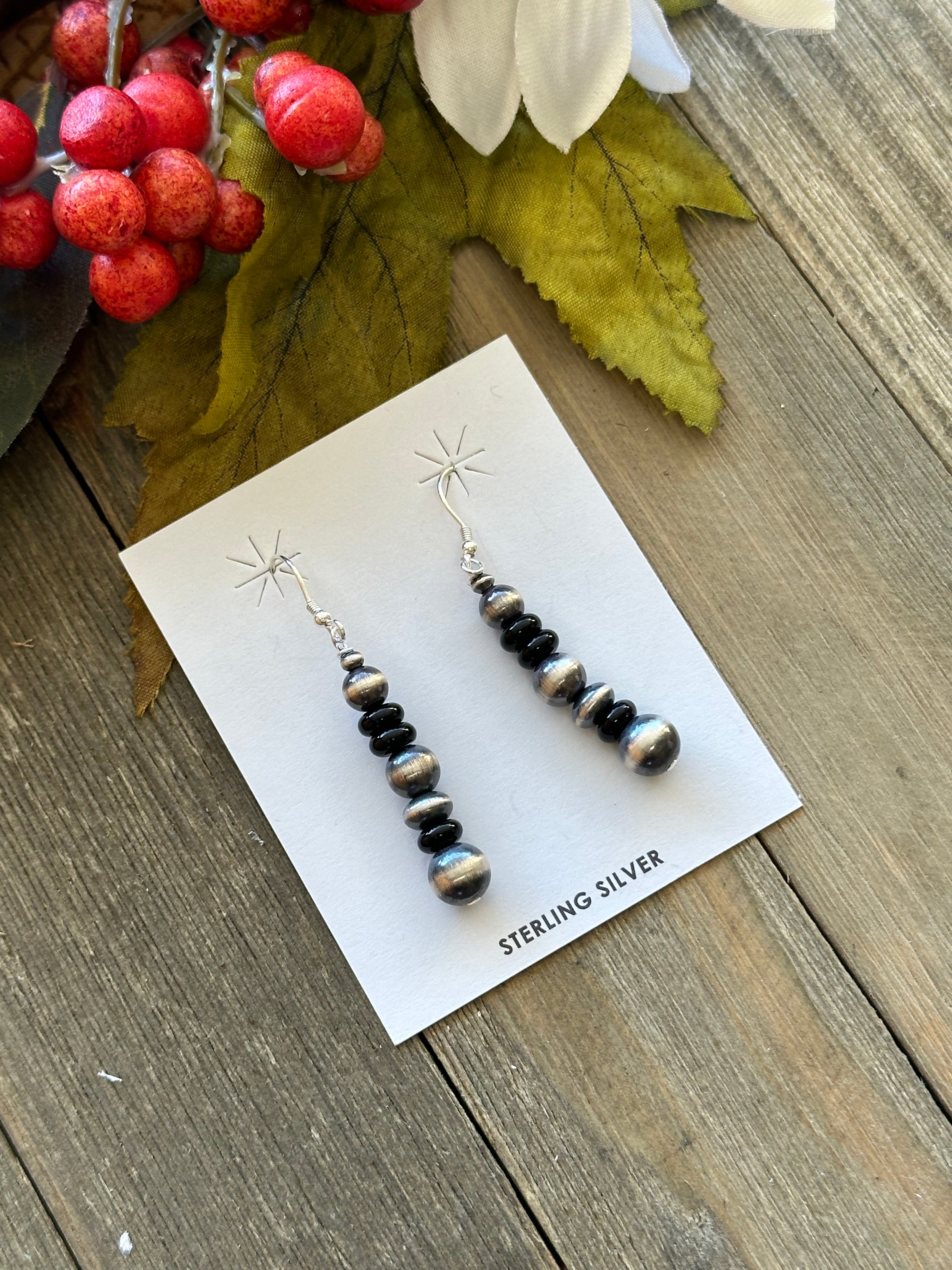 Navajo Made Onyx & Sterling Silver Pearls Dangle Earrings