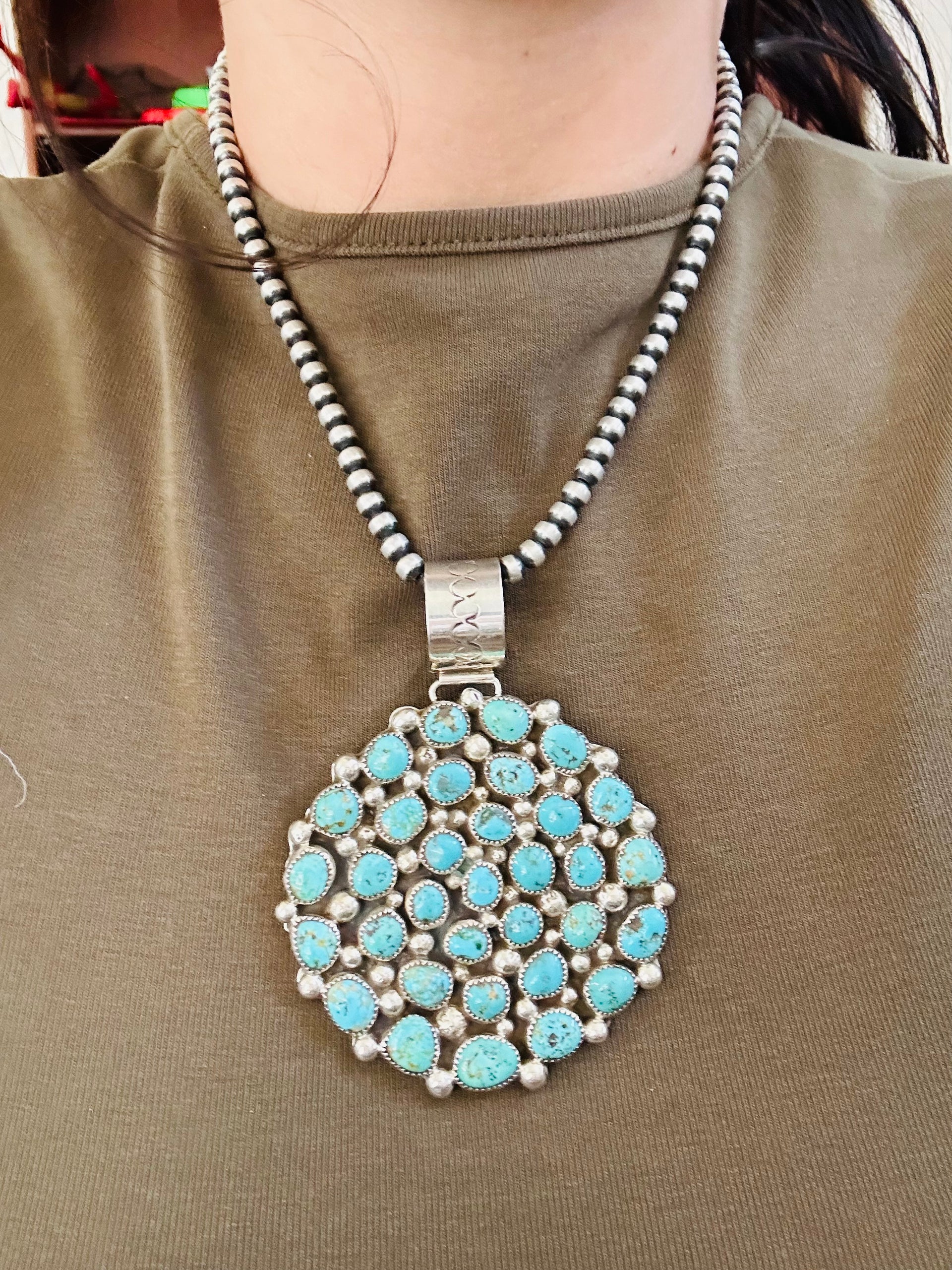 Darlene Begay Kingman Turquoise & Sterling Silver Cluster Pendant