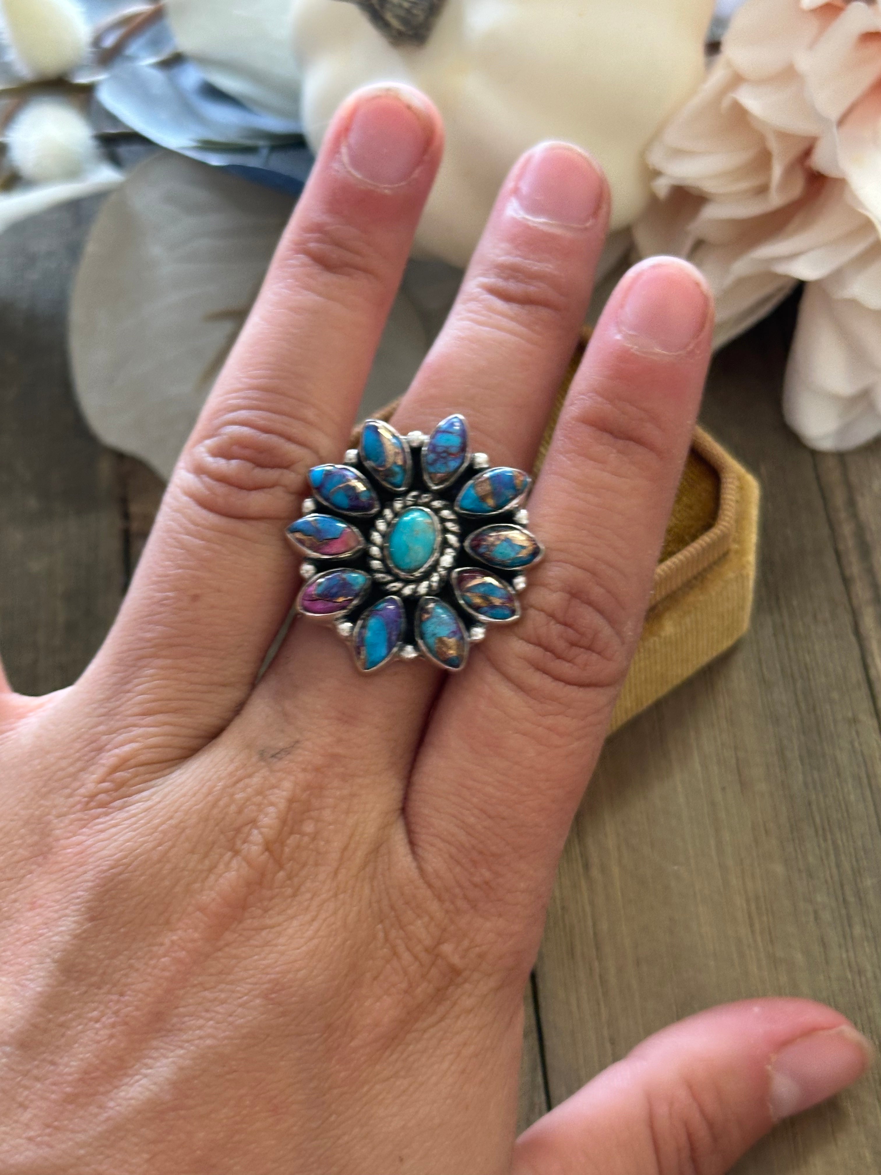 Southwest Handmade Mohave Turquoise & Sterling Silver Adjustable Cluster Ring