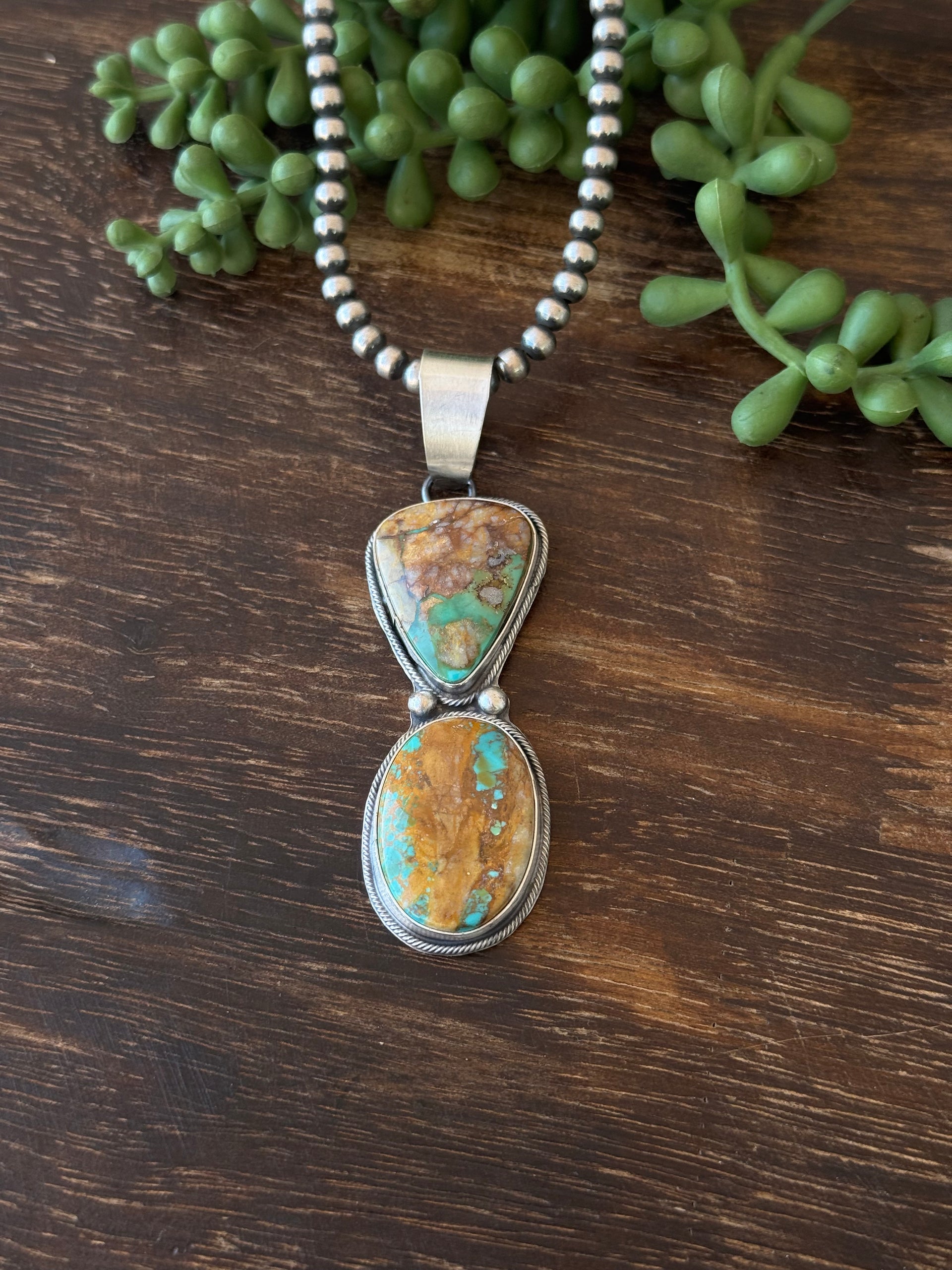 Navajo Made Ribbon Royston Turquoise & Sterling Silver Pendant