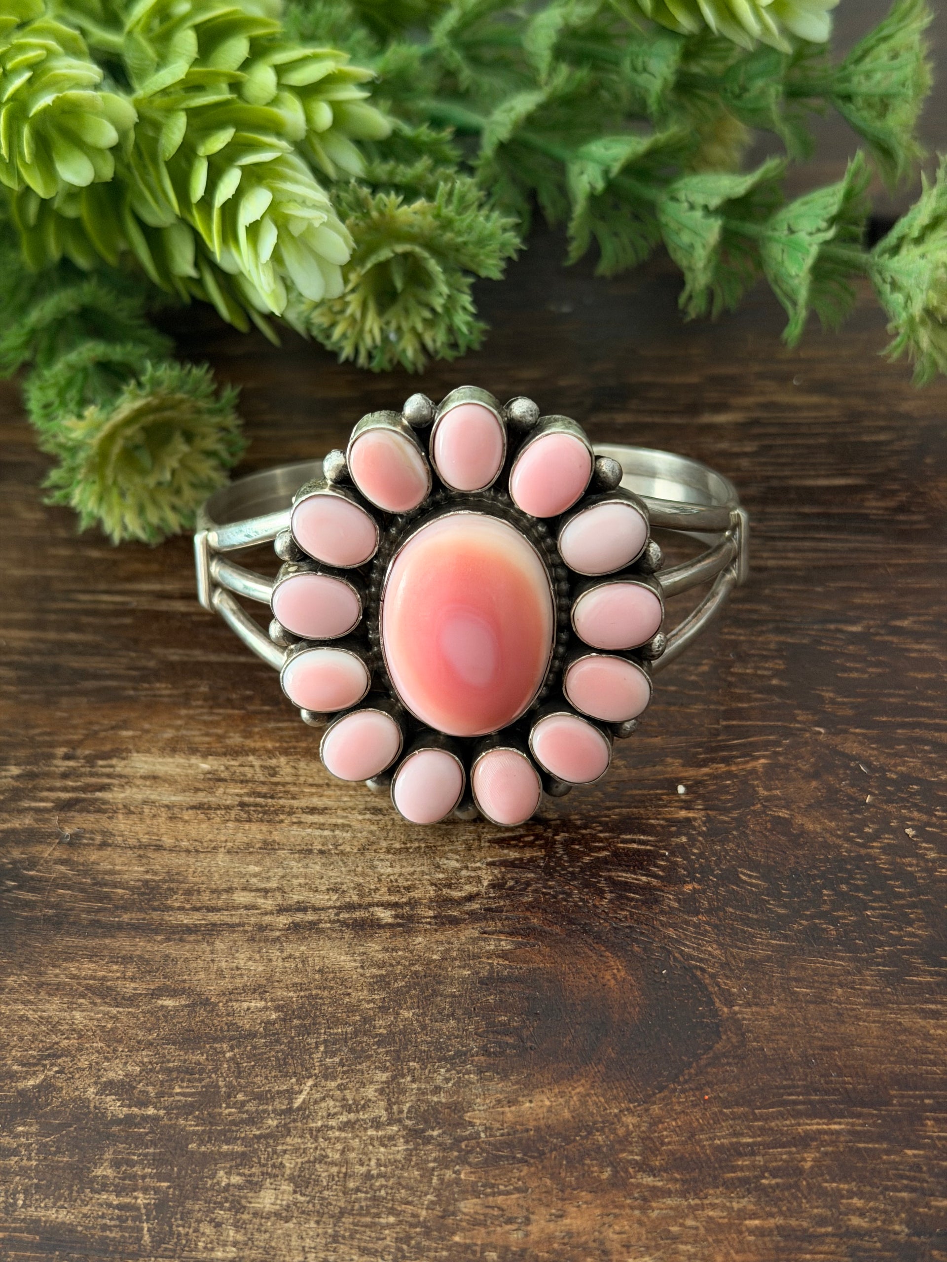Navajo Made Pink Conch & Sterling Silver Cluster Cuff Bracelet