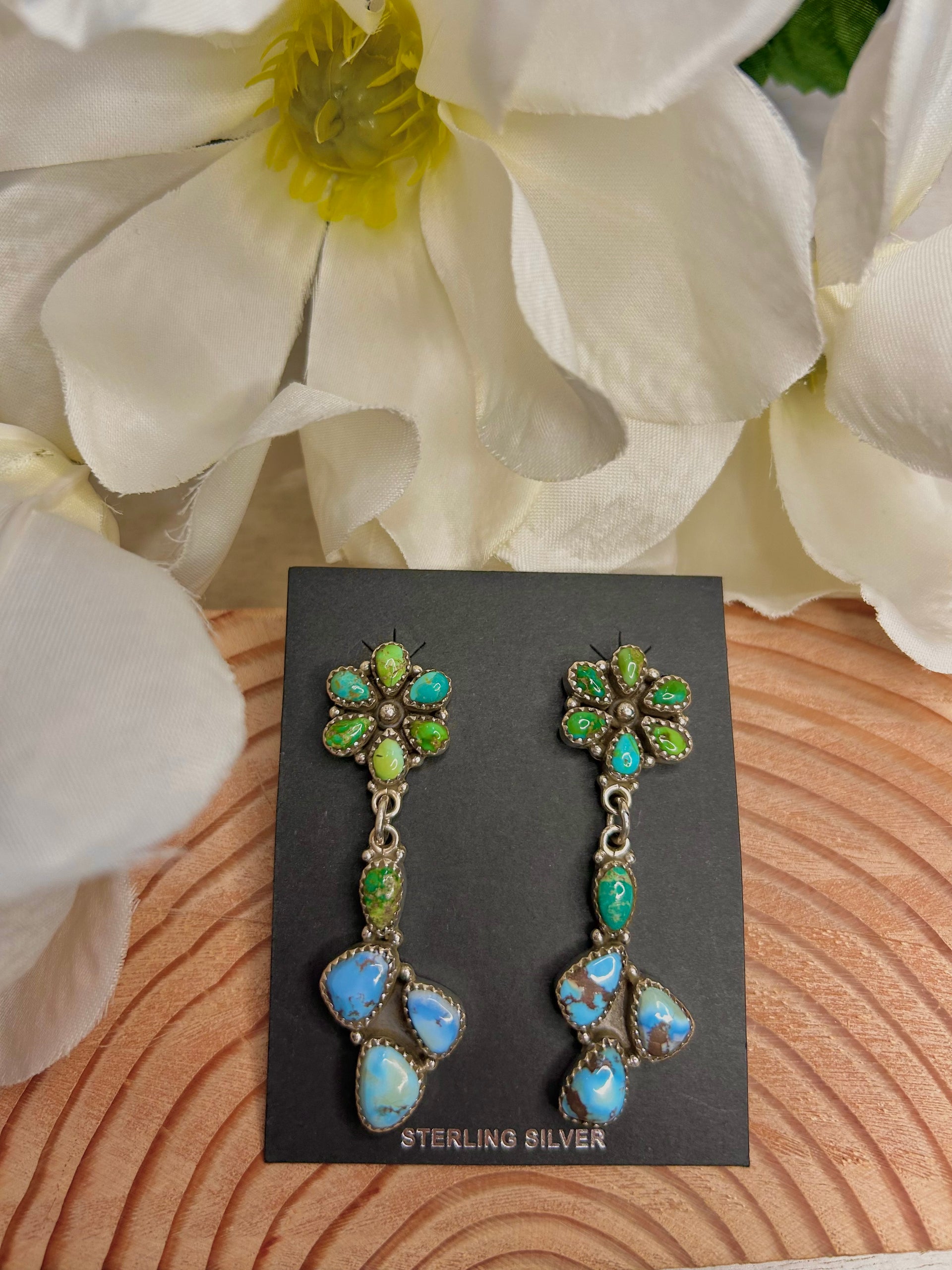 Southwest Made Multi Stone  & Sterling Silver Post Dangle Earrings