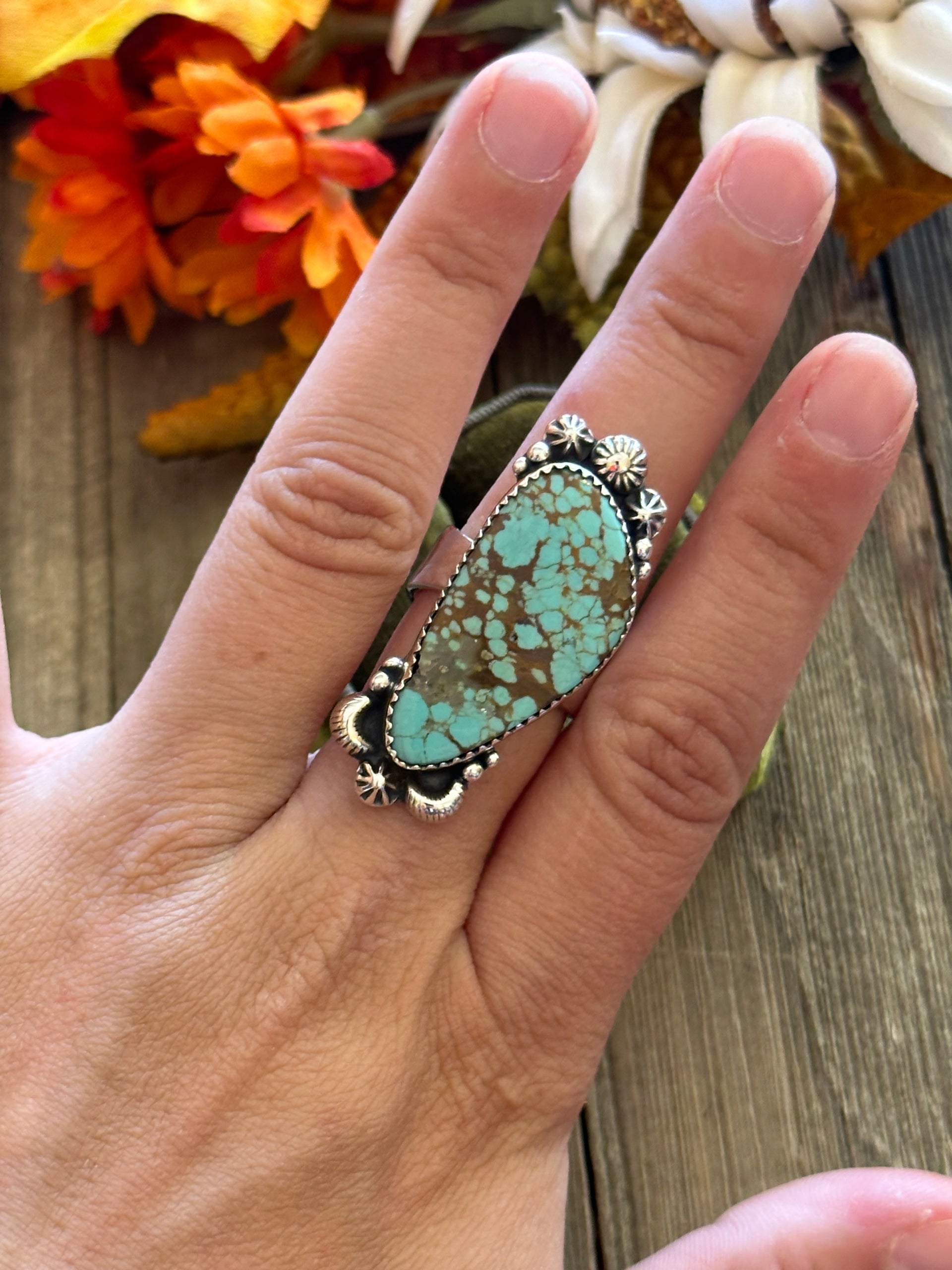 Southwest Handmade #8 Turquoise & Sterling Silver Adjustable Ring