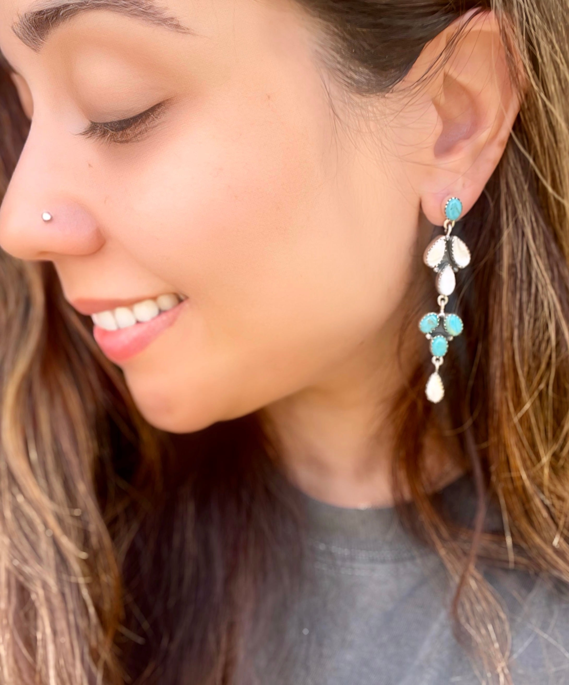 Southwest Handmade Multi Stone & Sterling Silver Post Dangle Earrings