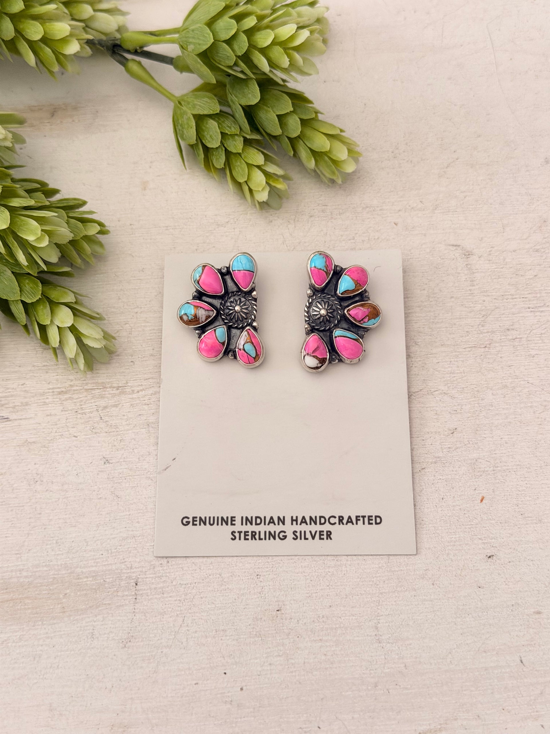 Navajo Made Cotton Candy Dahlia & Sterling Silver Post Cluster Earrings