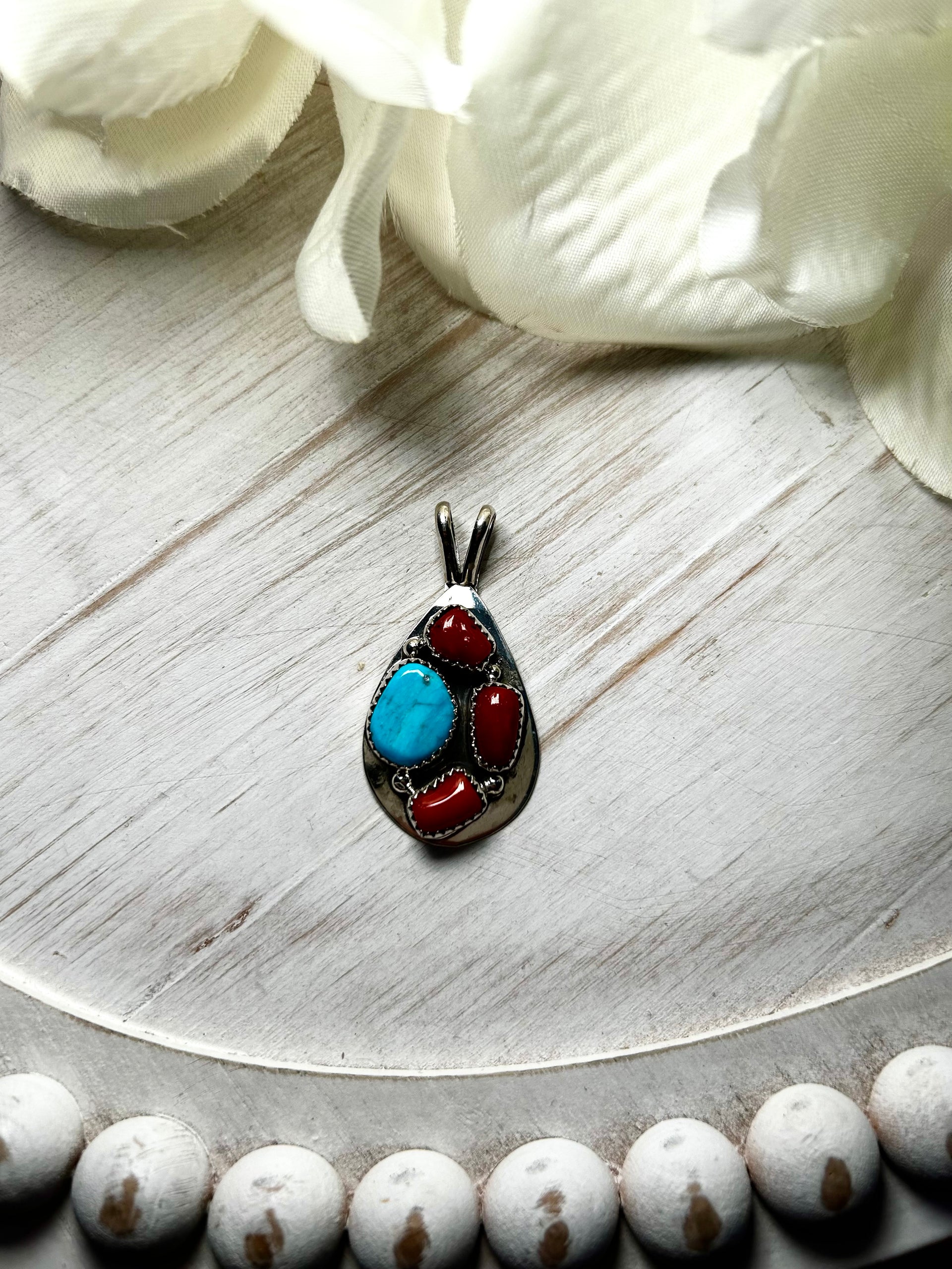 Navajo Made Multi Stone  & Sterling Silver Pendant