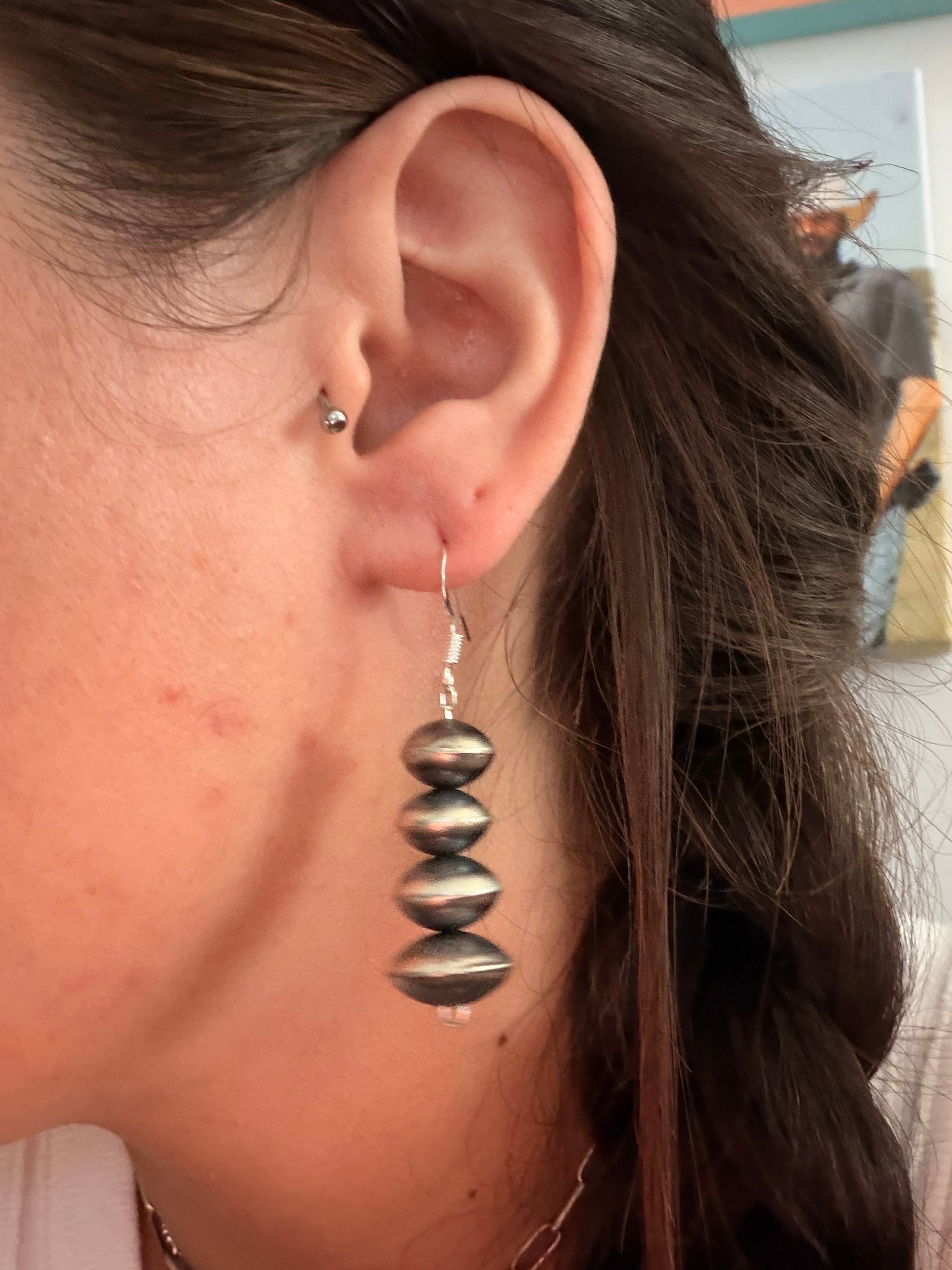 Navajo Strung Machine Made Sterling Silver Graduated Pearl Dangle Earrings