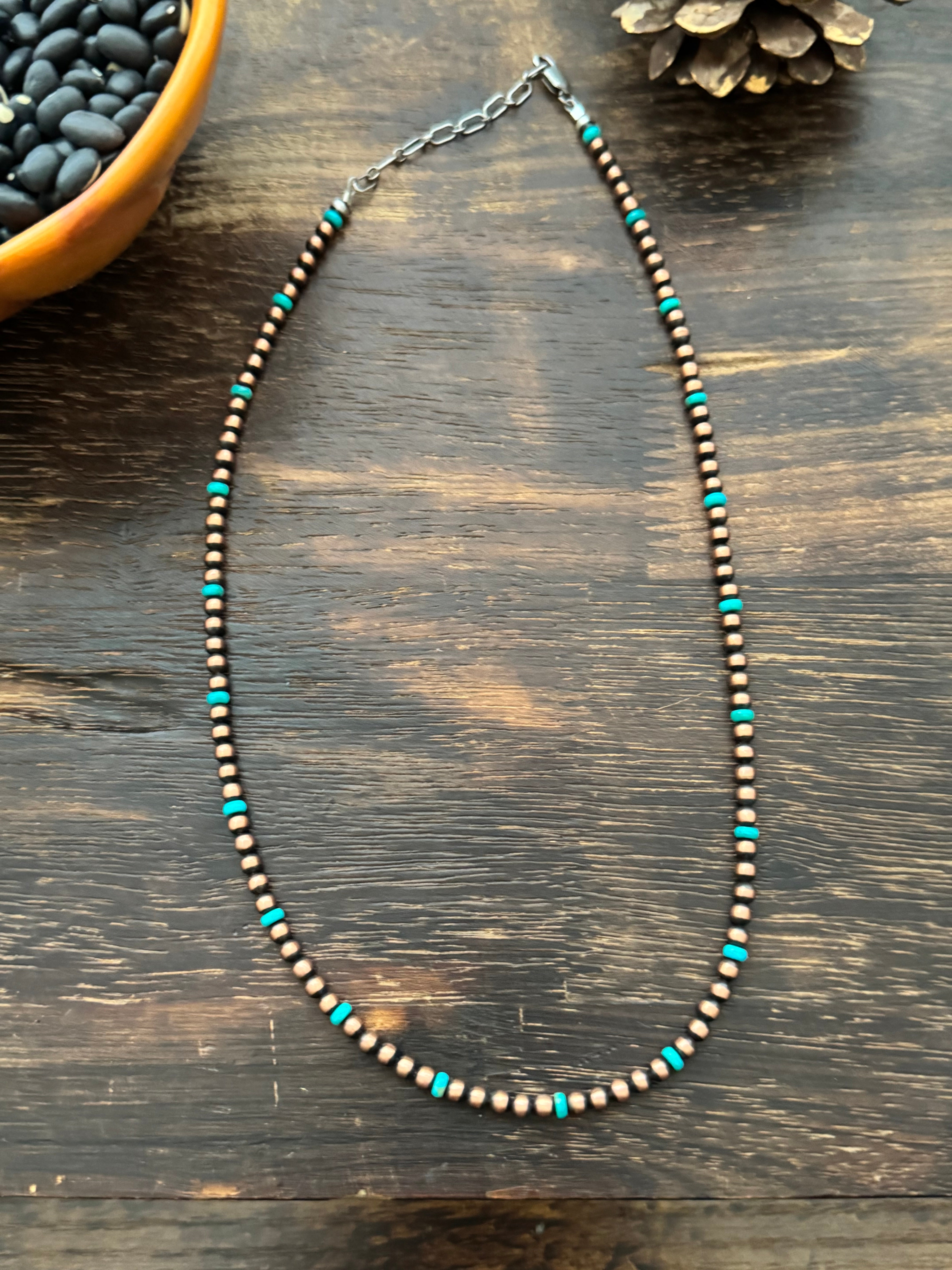 Navajo Strung Kingman Turquoise & Copper & Sterling Silver Graduated Beaded Necklace