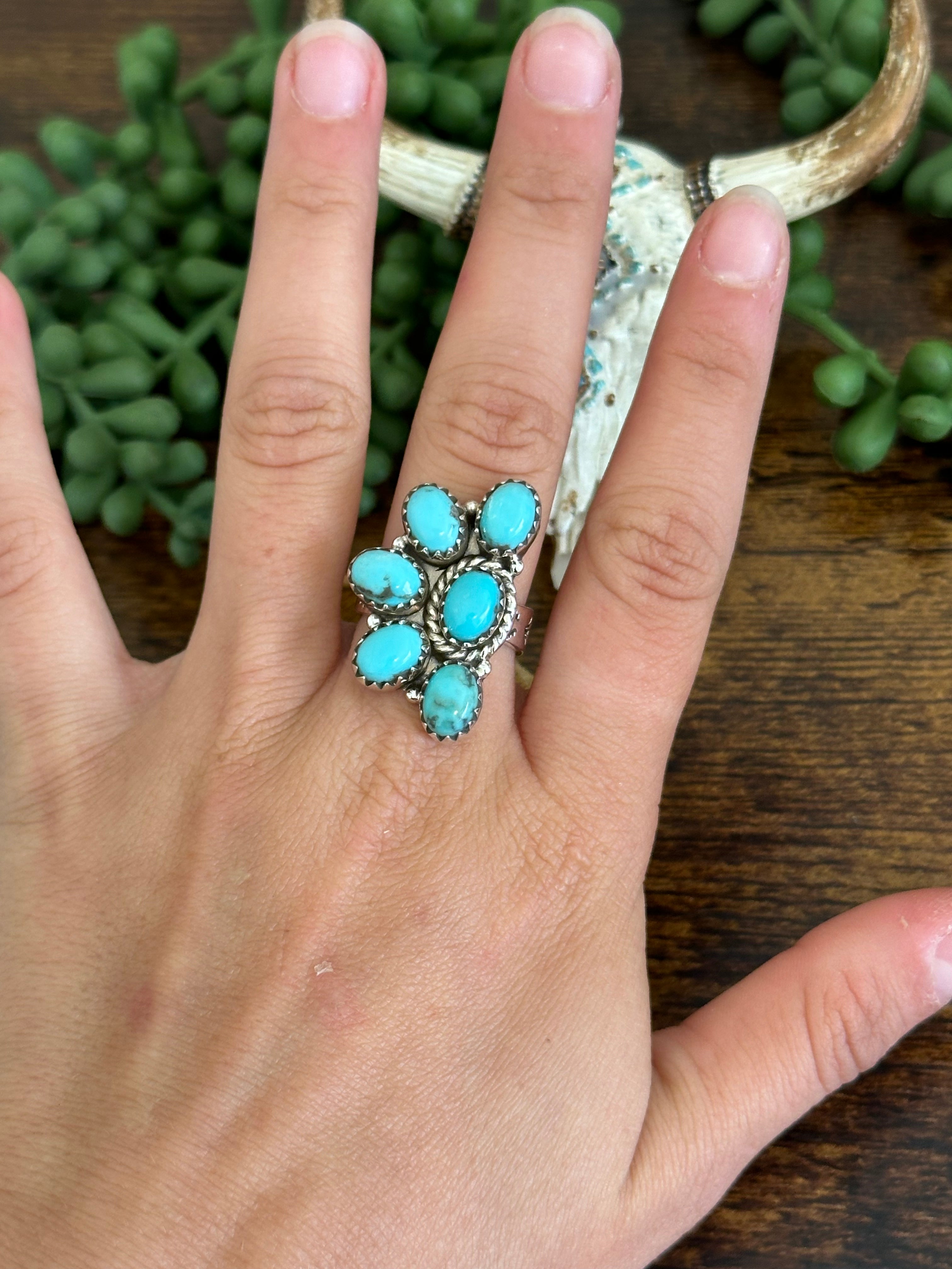 Southwest Handmade Kingman Turquoise & Sterling Silver Adjustable Cluster Ring