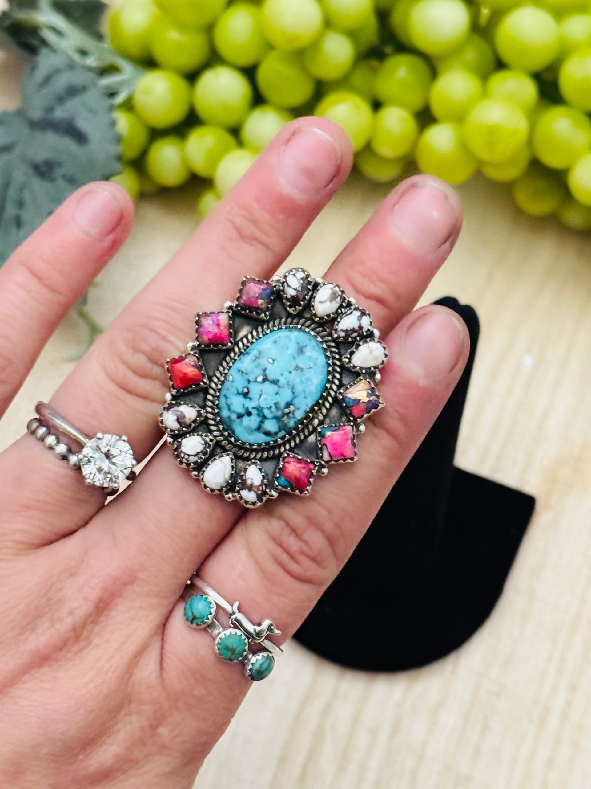 Southwest Handmade Multi Stone & Sterling Silver Adjustable Cluster Ring