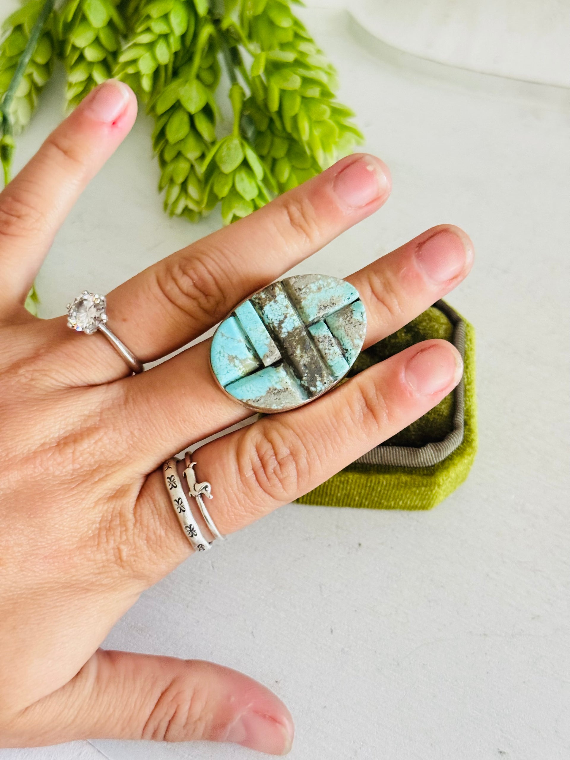 Navajo Made Mine Turquoise & Sterling Silver Cobblestone Ring Size 12.5