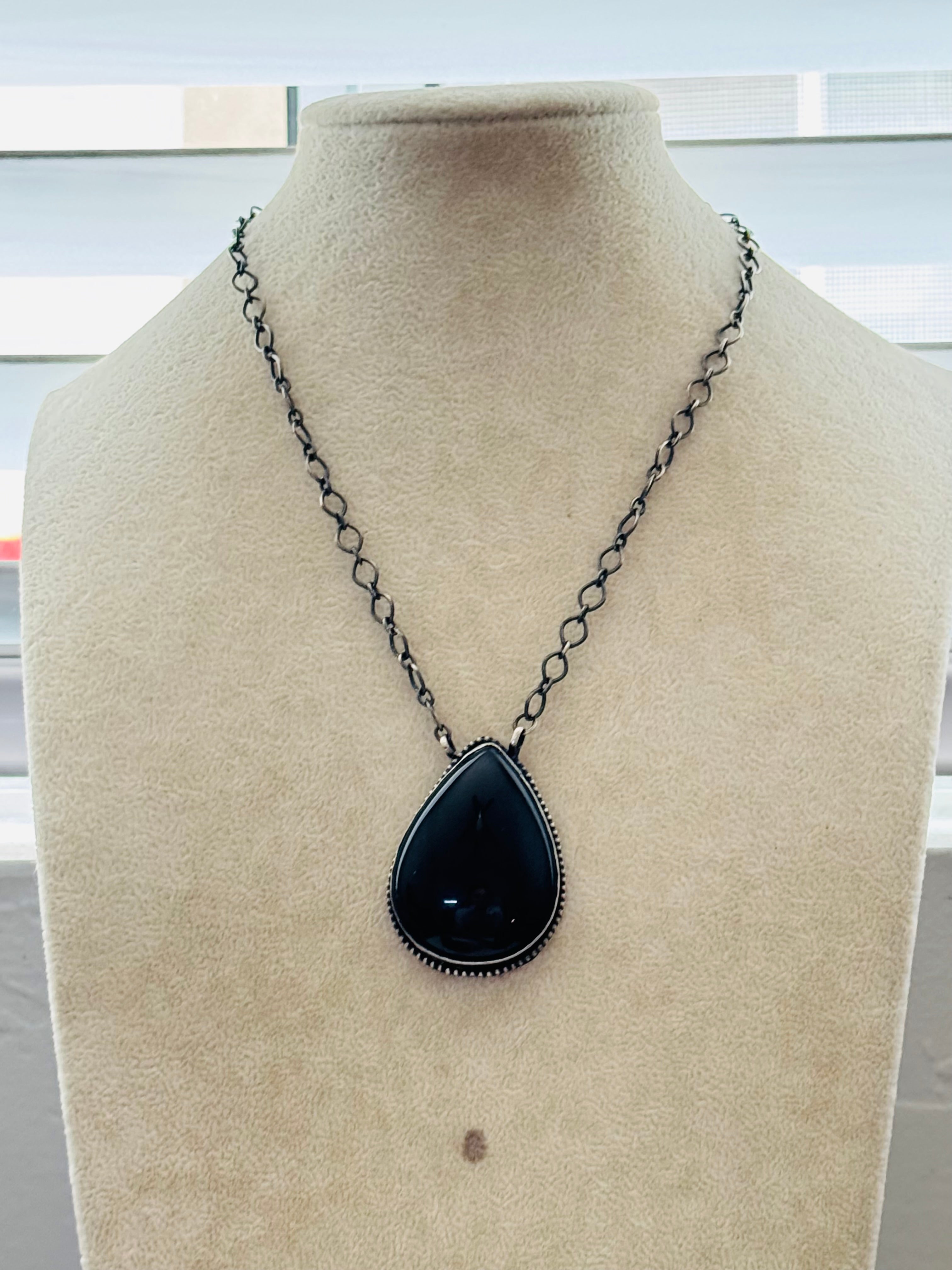 Navajo Made Onyx & Sterling Silver Necklace