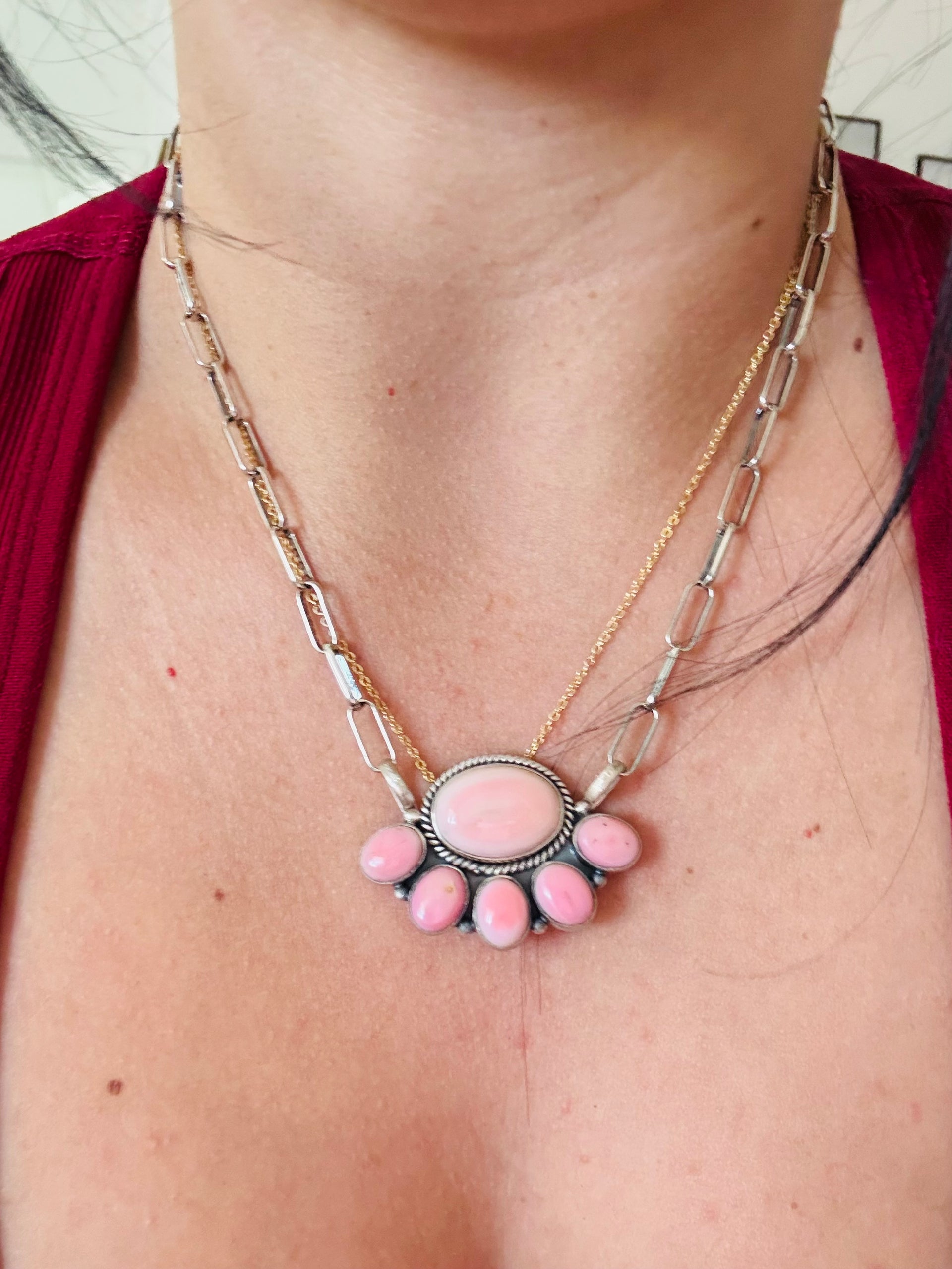 Southwest Made Pink Conch & Sterling Silver Cluster Necklace