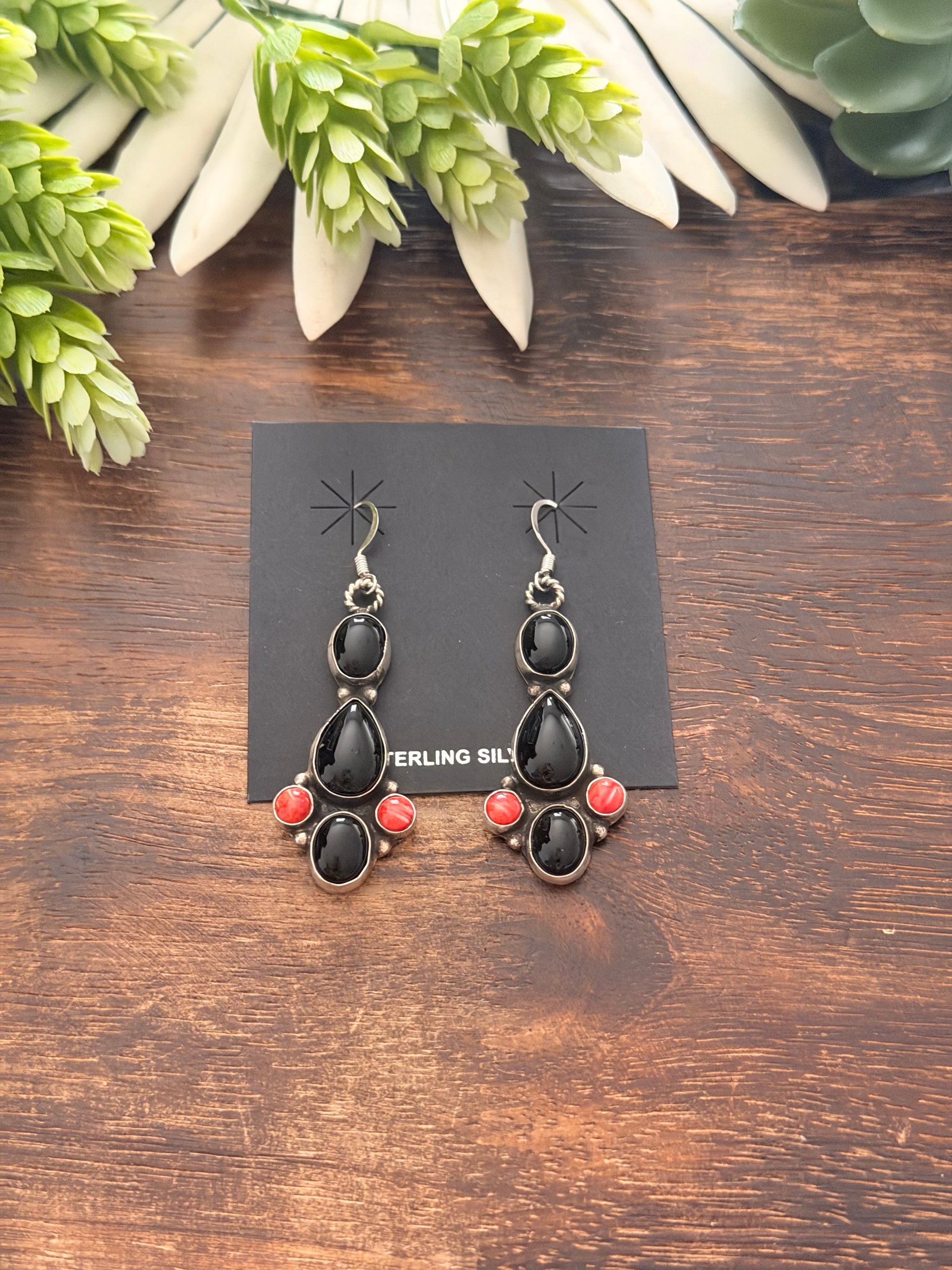 Navajo Made Multi Stone & Sterling Silver Dangle Cluster Earrings