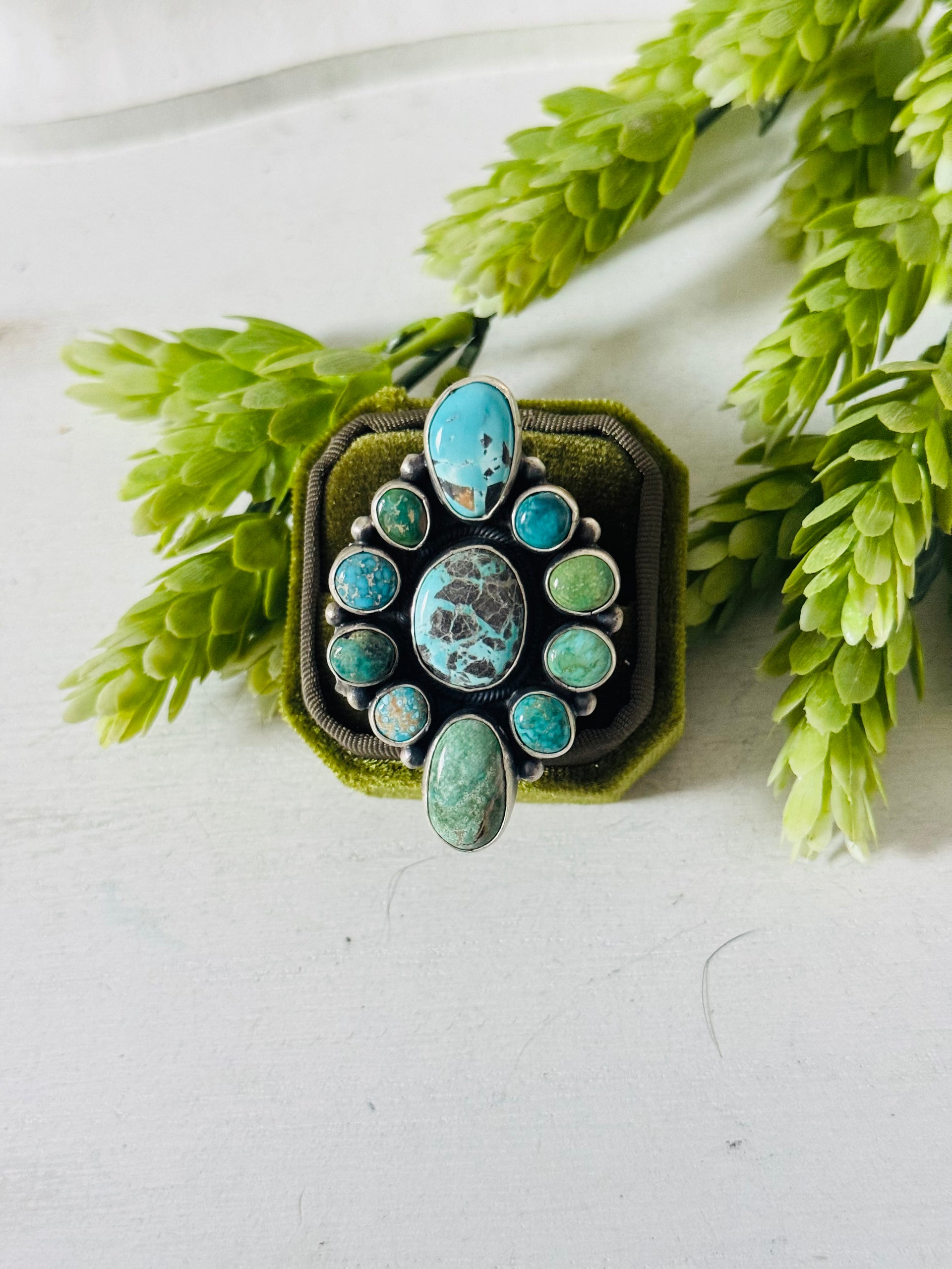 Darrin Livingston Mixed Turquoise & Sterling Silver Cluster Ring Size 8.5