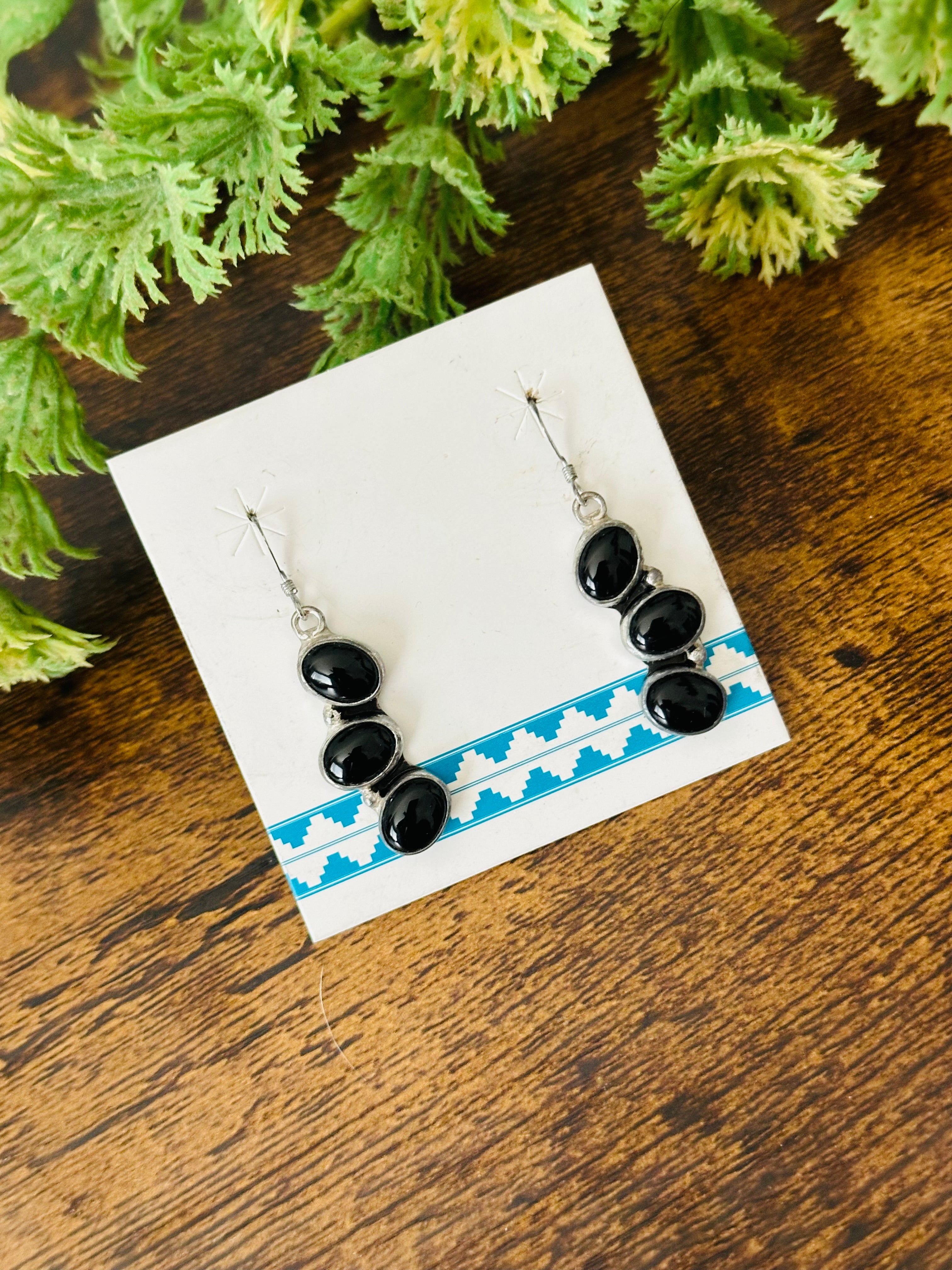 Navajo Made Onyx & Sterling Silver Dangle Earrings