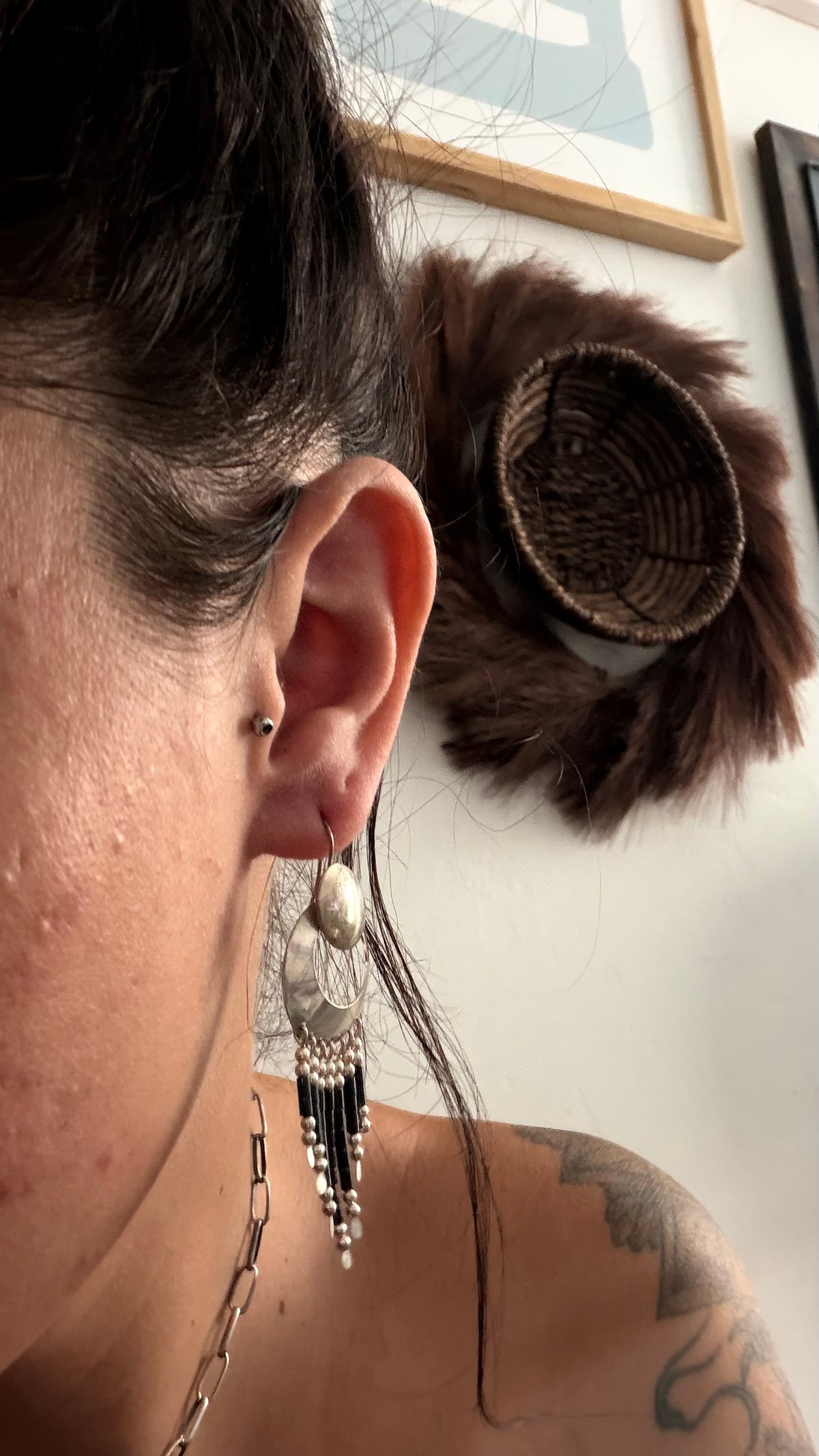 Navajo Made Sterling Silver Dangle Beaded Earrings