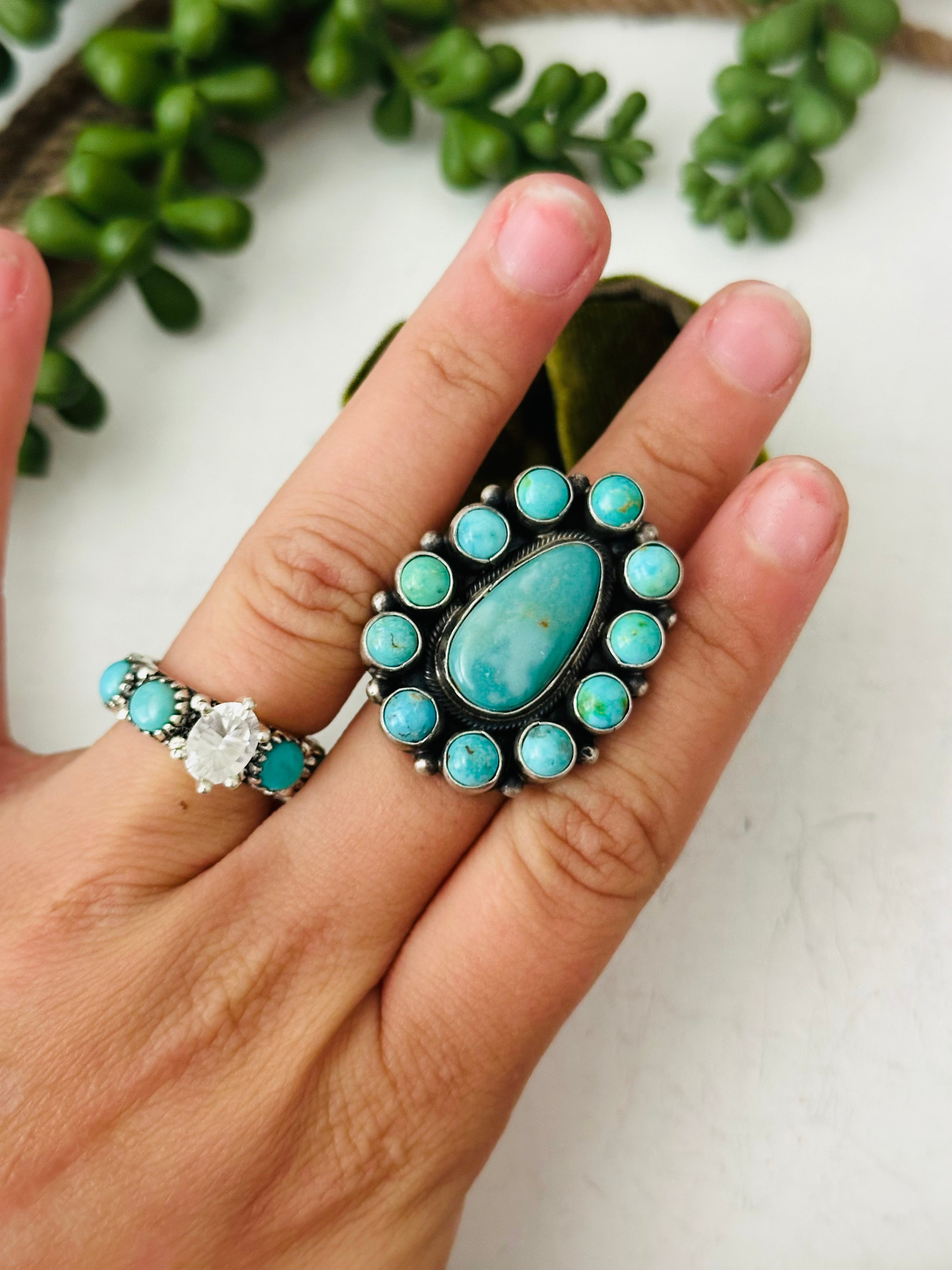 Sheila Becenti Royston Turquoise & Sterling Silver Adjustable Cluster Ring