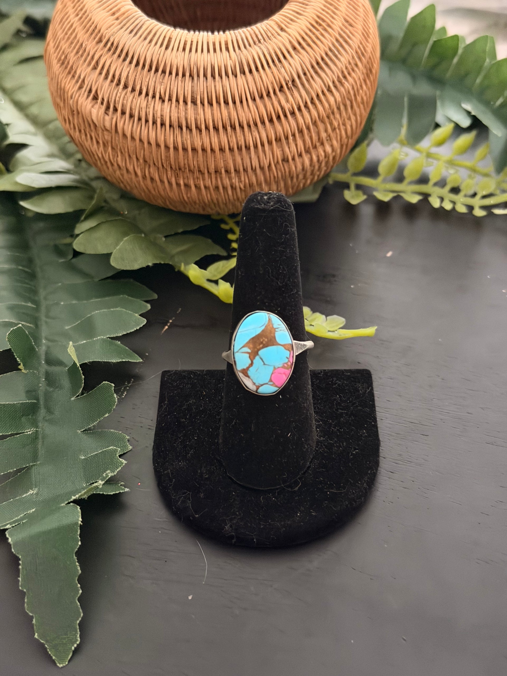 Navajo Made Cotton Candy Dahlia & Sterling Silver Ring Size 9.5