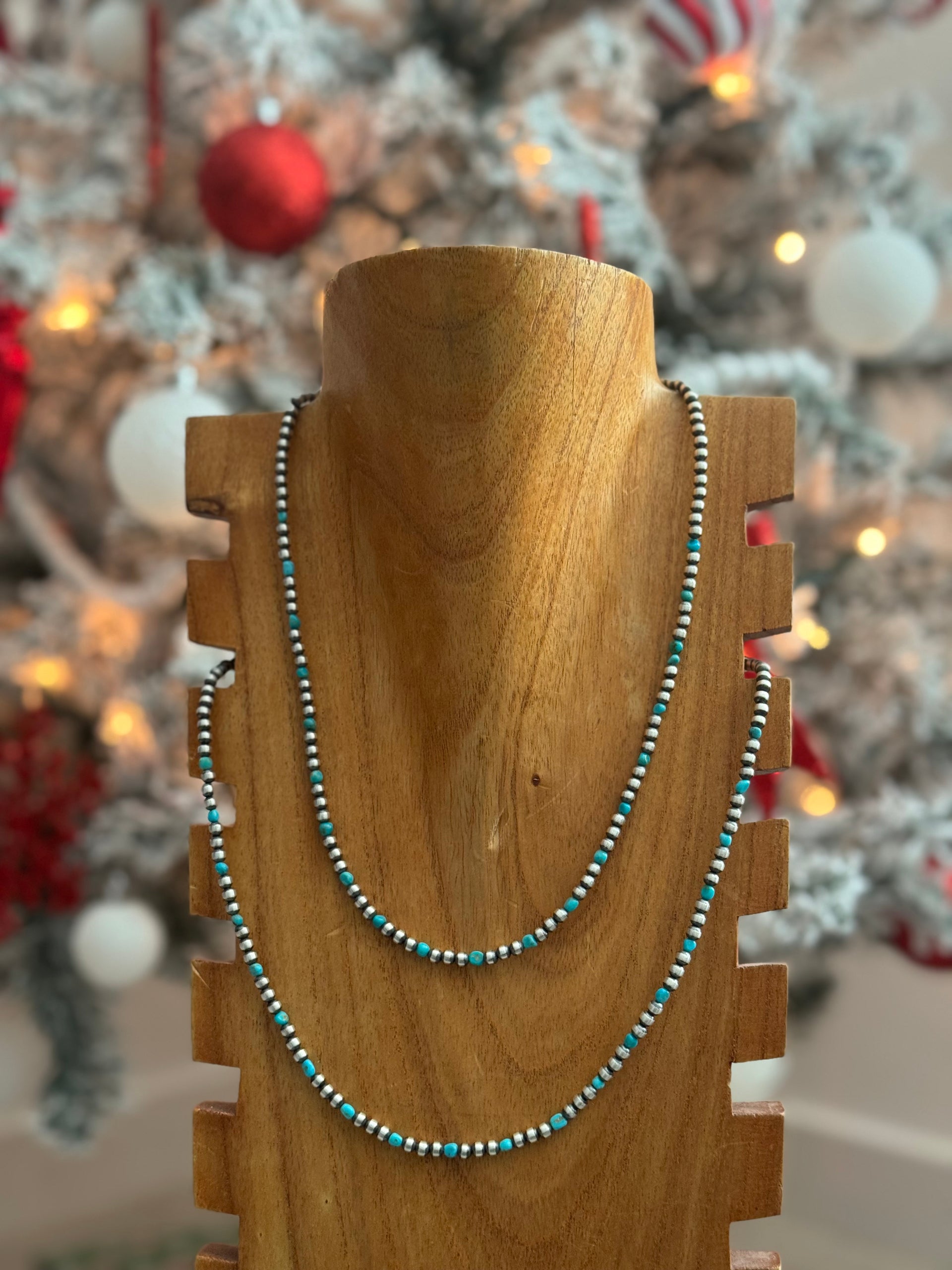 Navajo Strung Kingman Turquoise & Sterling Silver Beaded Pearl Necklace