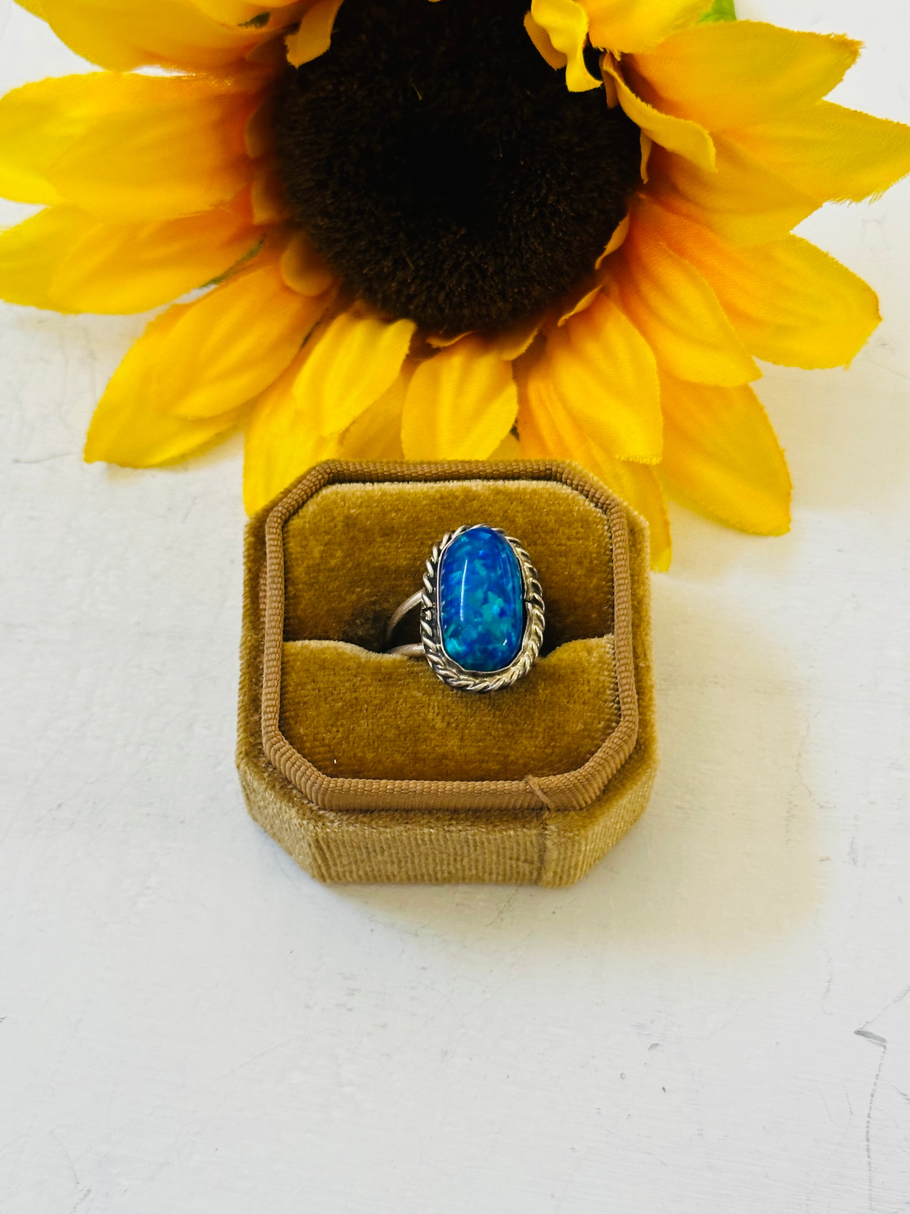 Navajo Made Blue Opal & Sterling Silver Ring Size 7.5