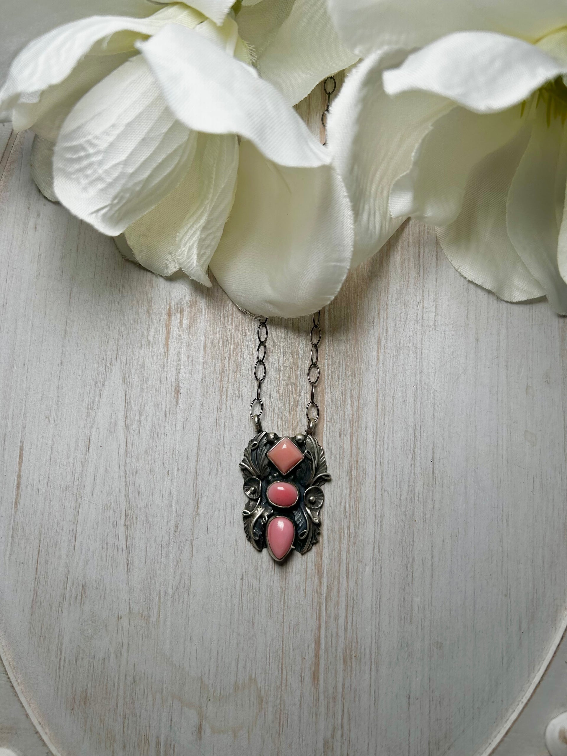 Navajo Made Pink Conch & Sterling Silver Necklace