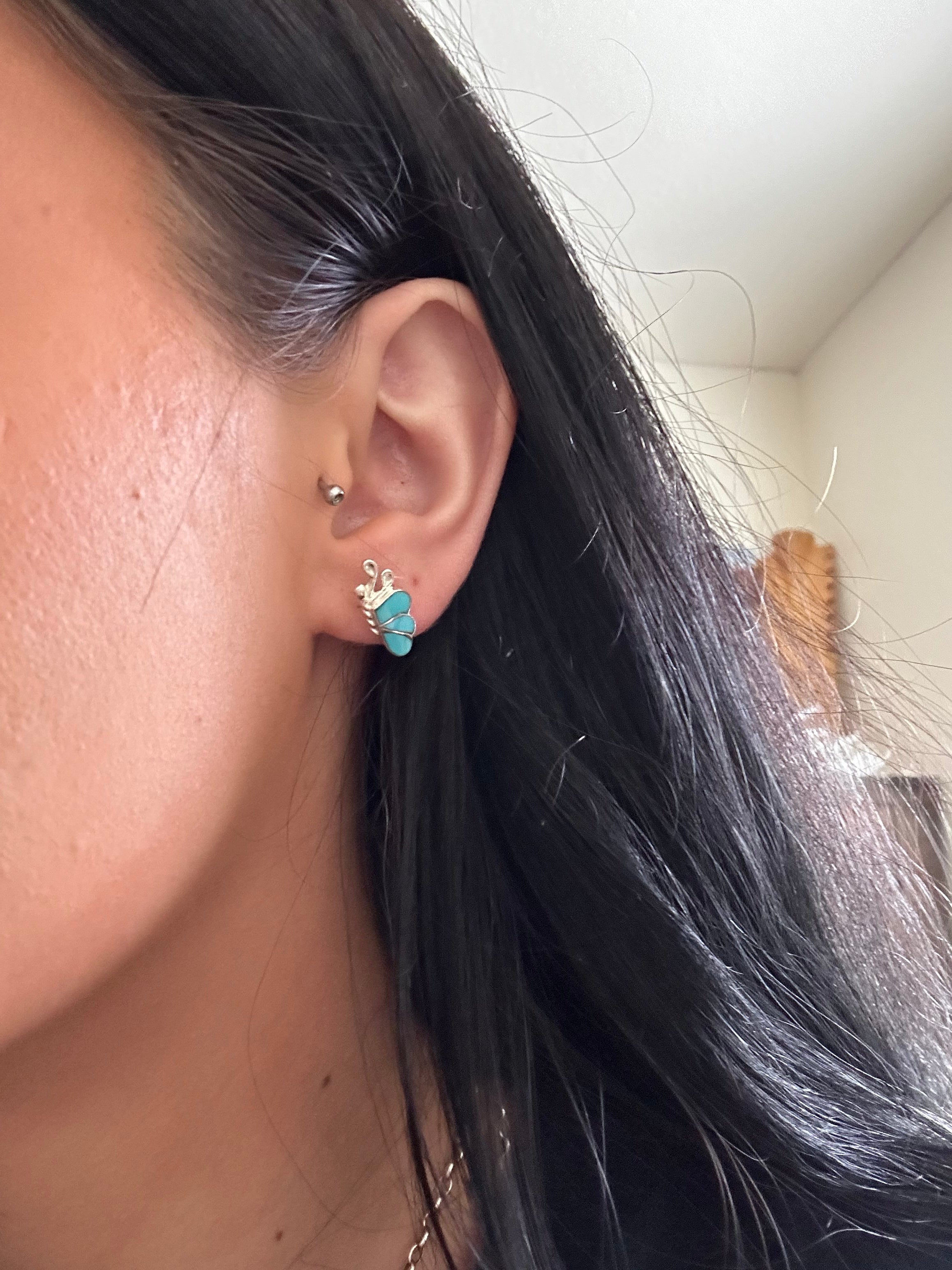 Zuni Handmade Kingman Turquoise & Sterling Silver Post Inlay Butterfly Earrings