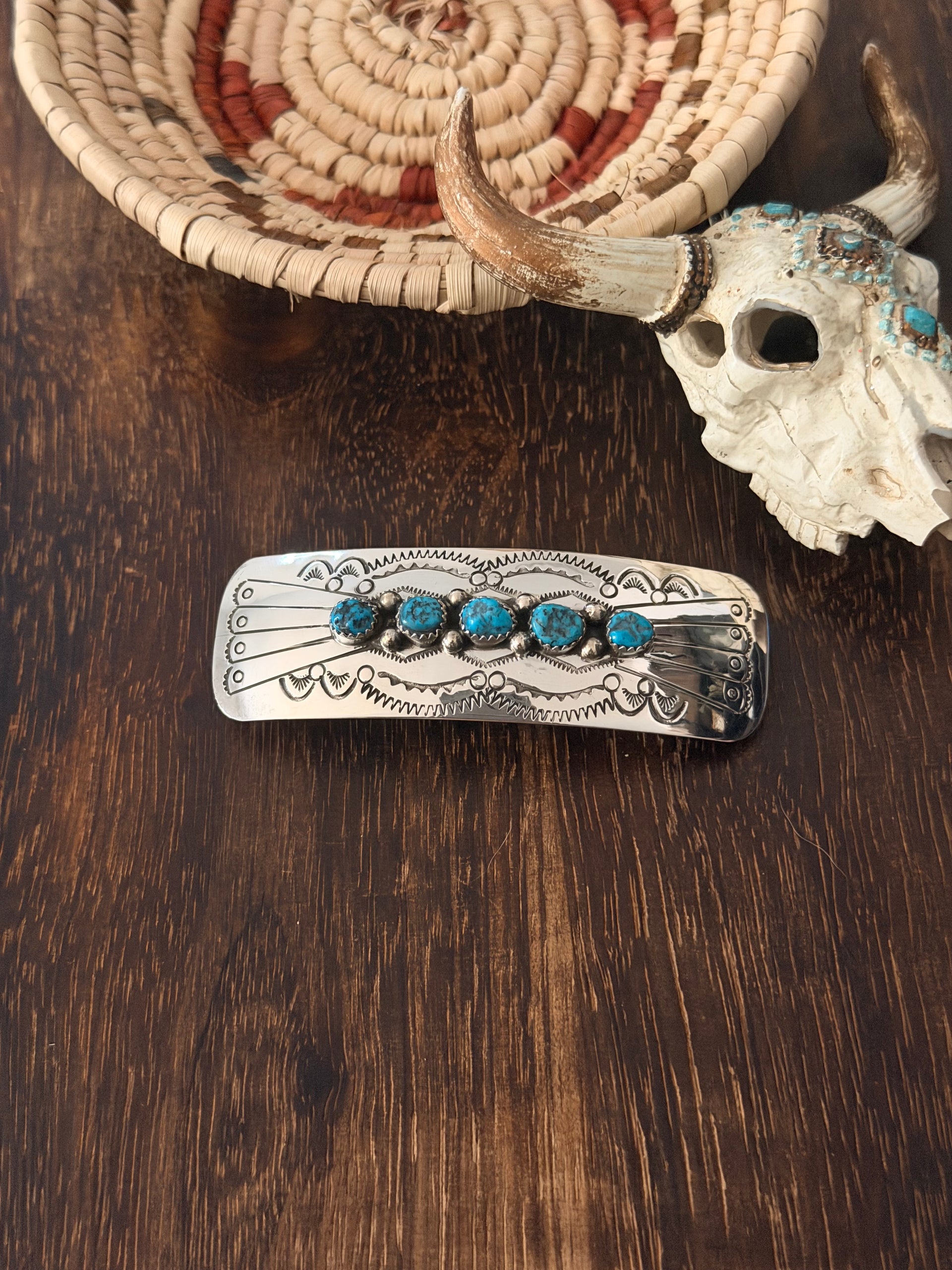 Navajo Made Kingman Turquoise & Sterling Silver Hair Barrette