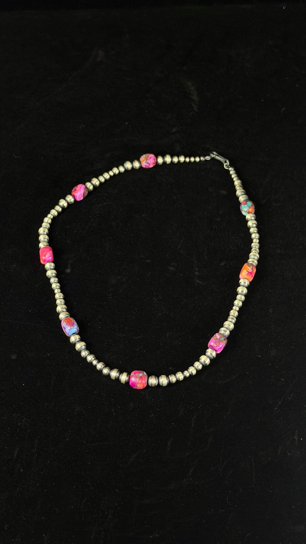 Navajo Strung Pink Mohave Turquoise Composite & Sterling Silver 16” Necklace