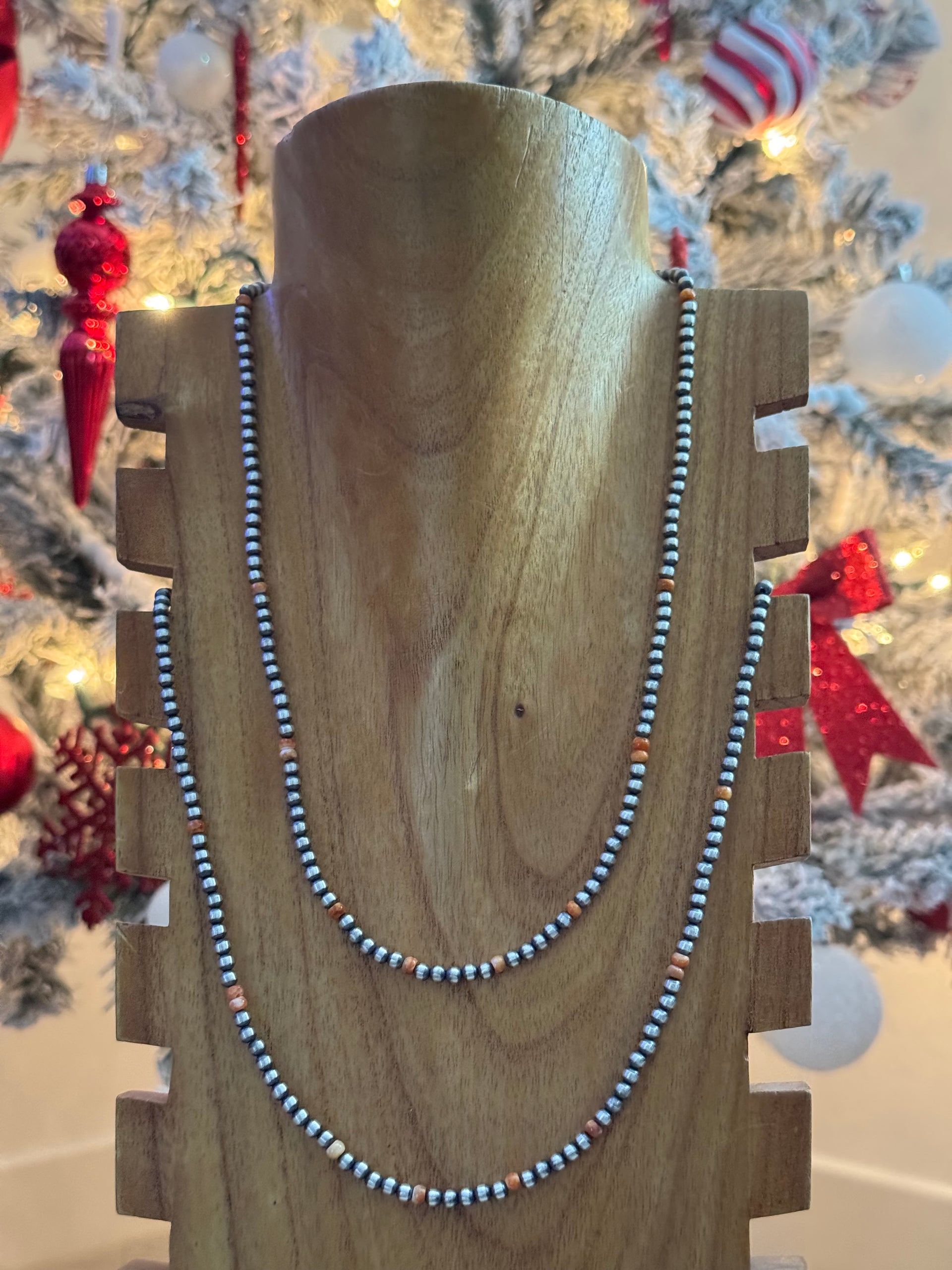 Navajo Strung Red/Orange Spiny Oyster & Sterling Silver Pearl Necklace