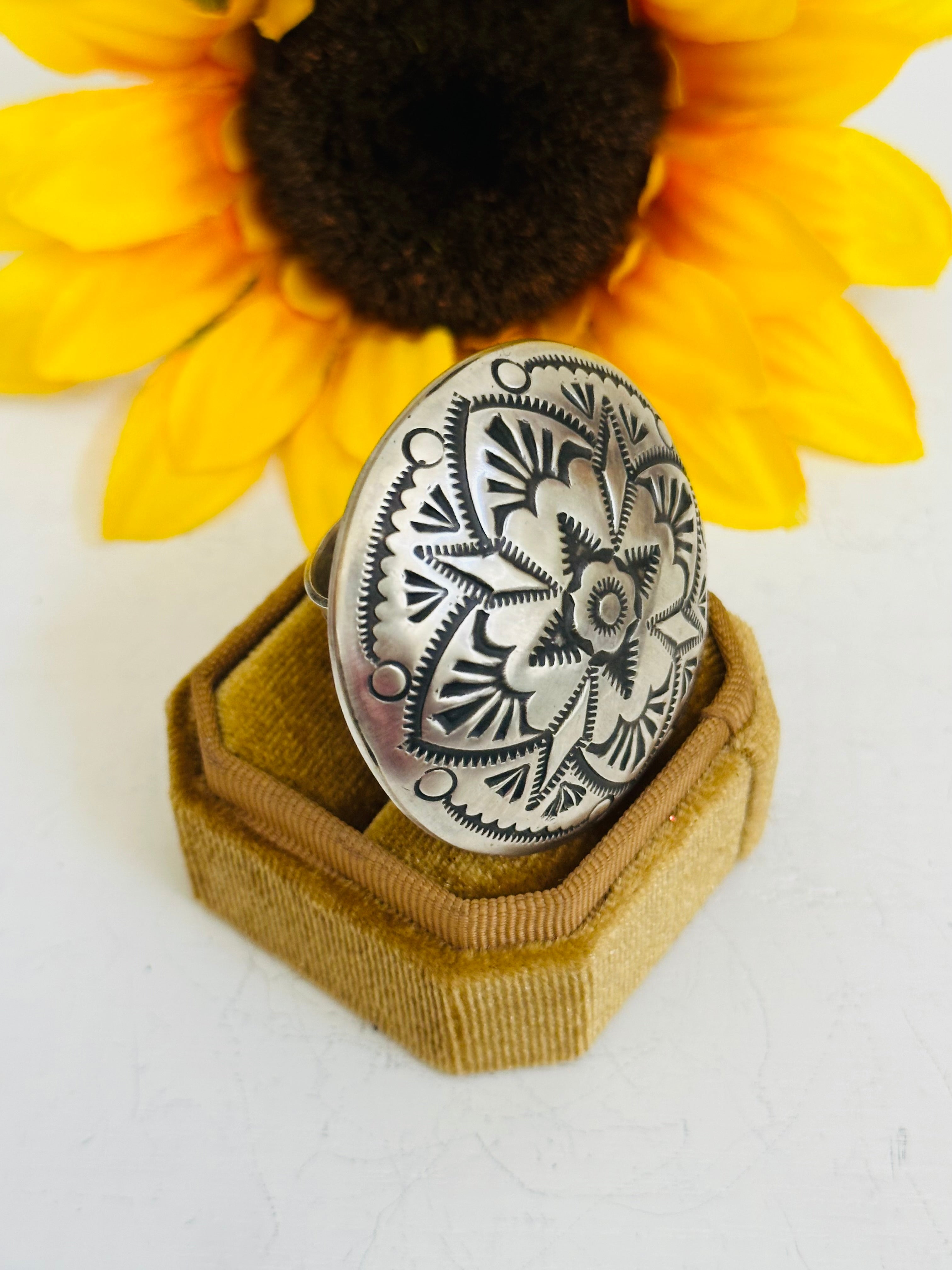 Leander Tahe Sterling Silver Concho Adjustable Ring