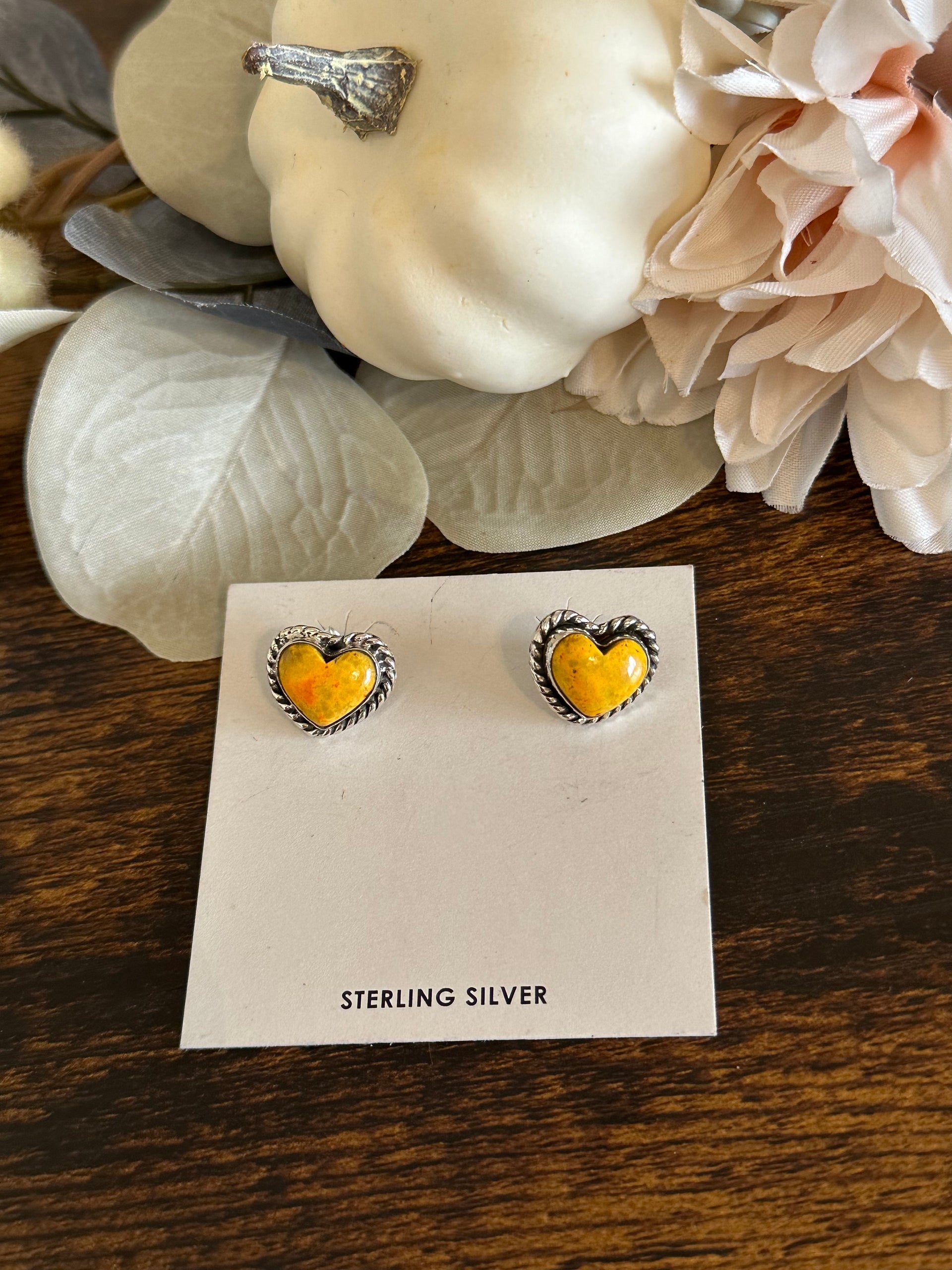 Southwest Handmade Bb Agate & Sterling Silver Post Heart Earrings