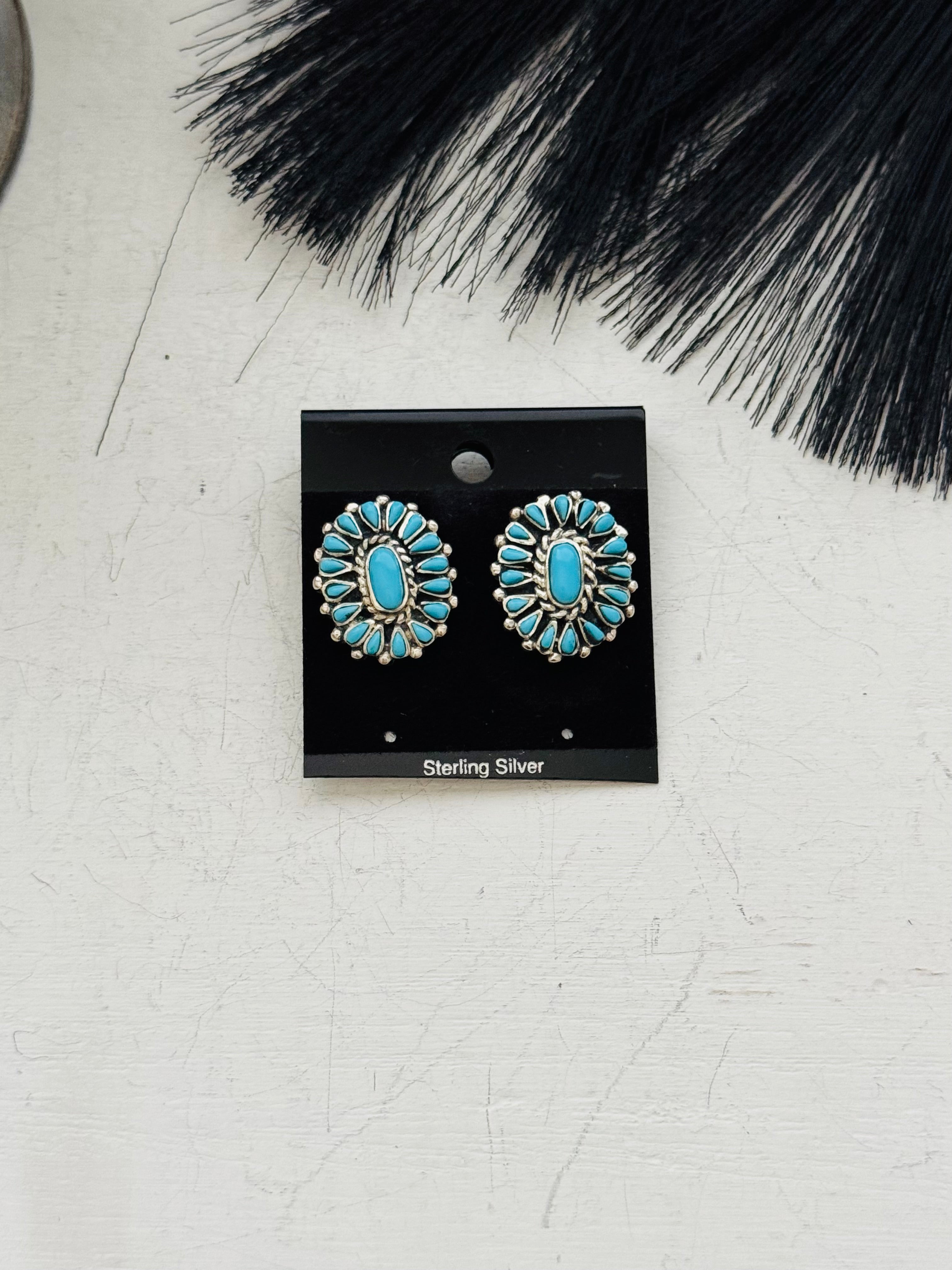 Southwest Handmade Turquoise & Sterling Silver Post Cluster Earrings