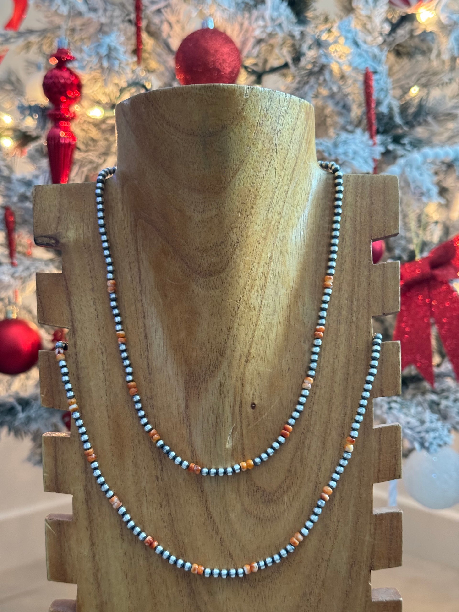 Navajo Strung Red/Orange Spiny Oyster & Sterling Silver Pearl Necklace