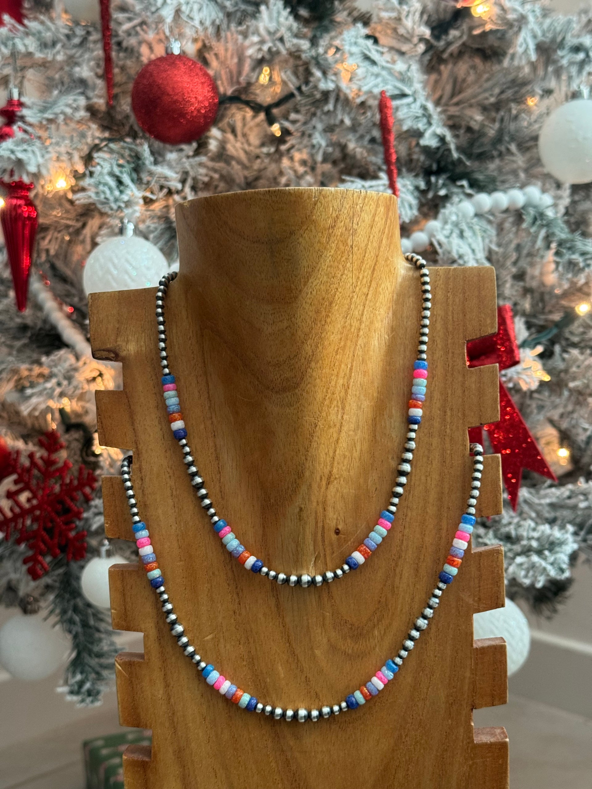 Navajo Strung Opal & Sterling Silver Beaded Pearl Necklace