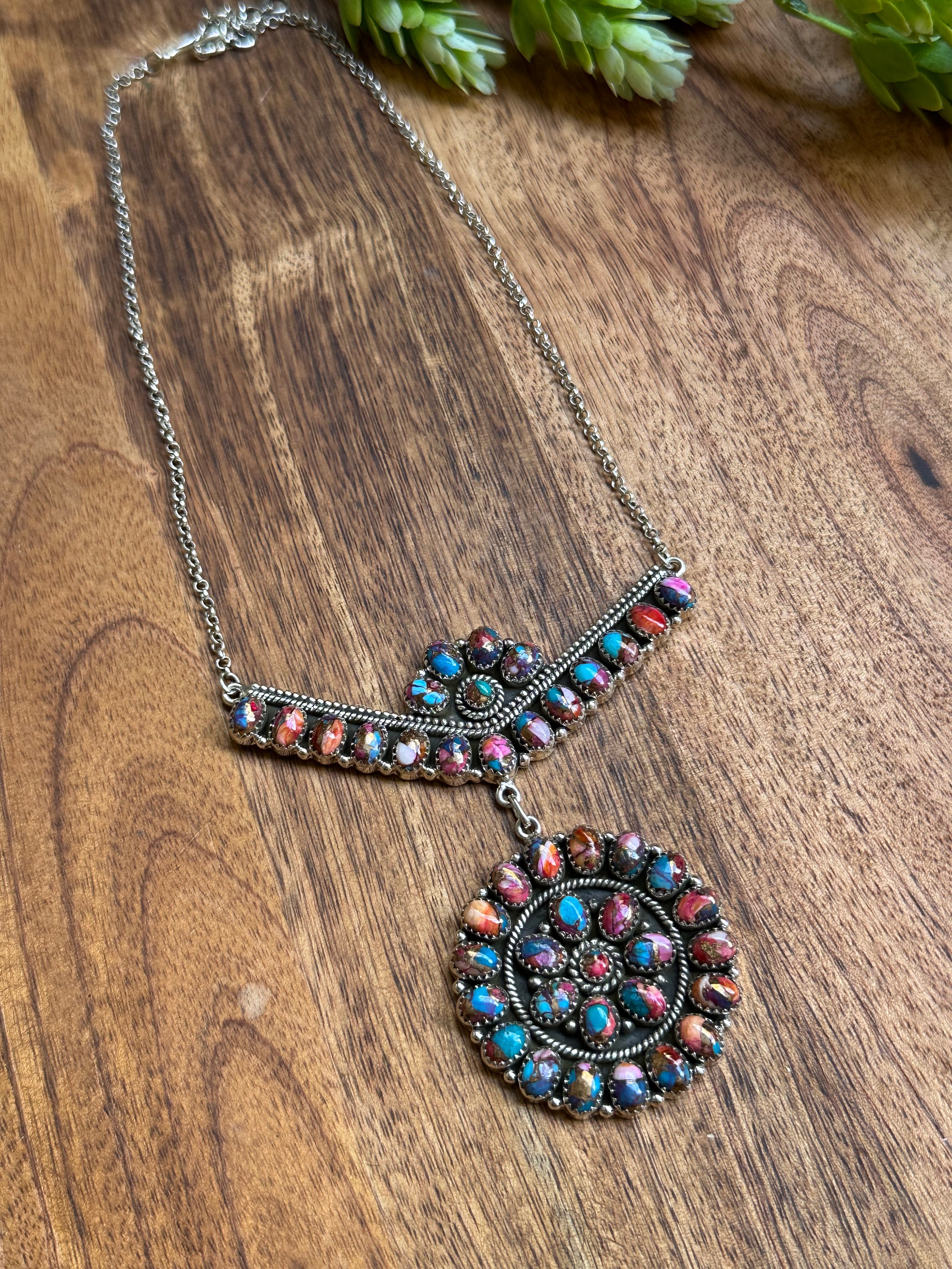 Southwest Handmade Mohave Turquoise & Sterling Silver Cluster Necklace