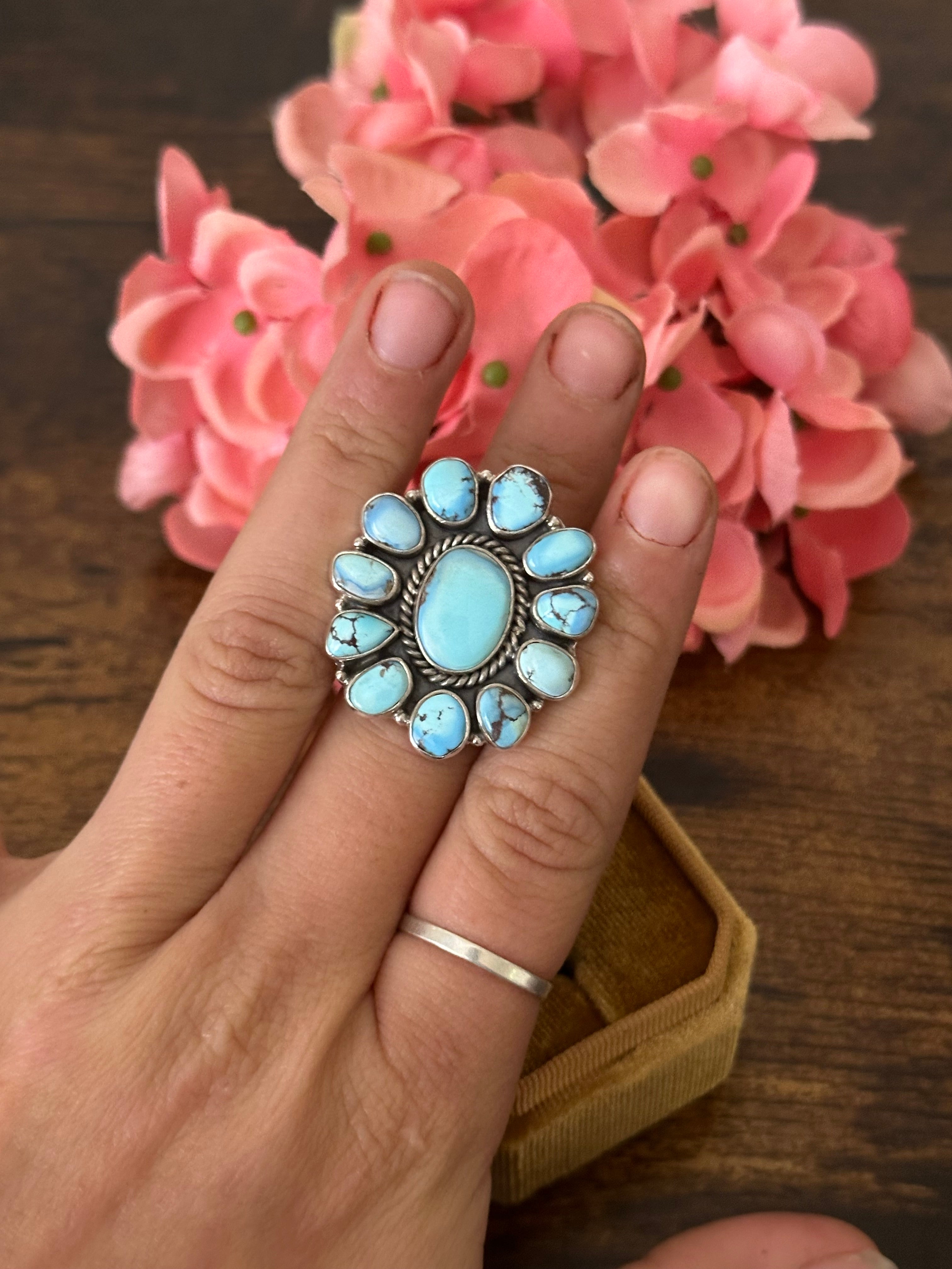 Southwest Handmade Golden Hills Turquoise & Sterling Silver Cluster Adjustable Ring