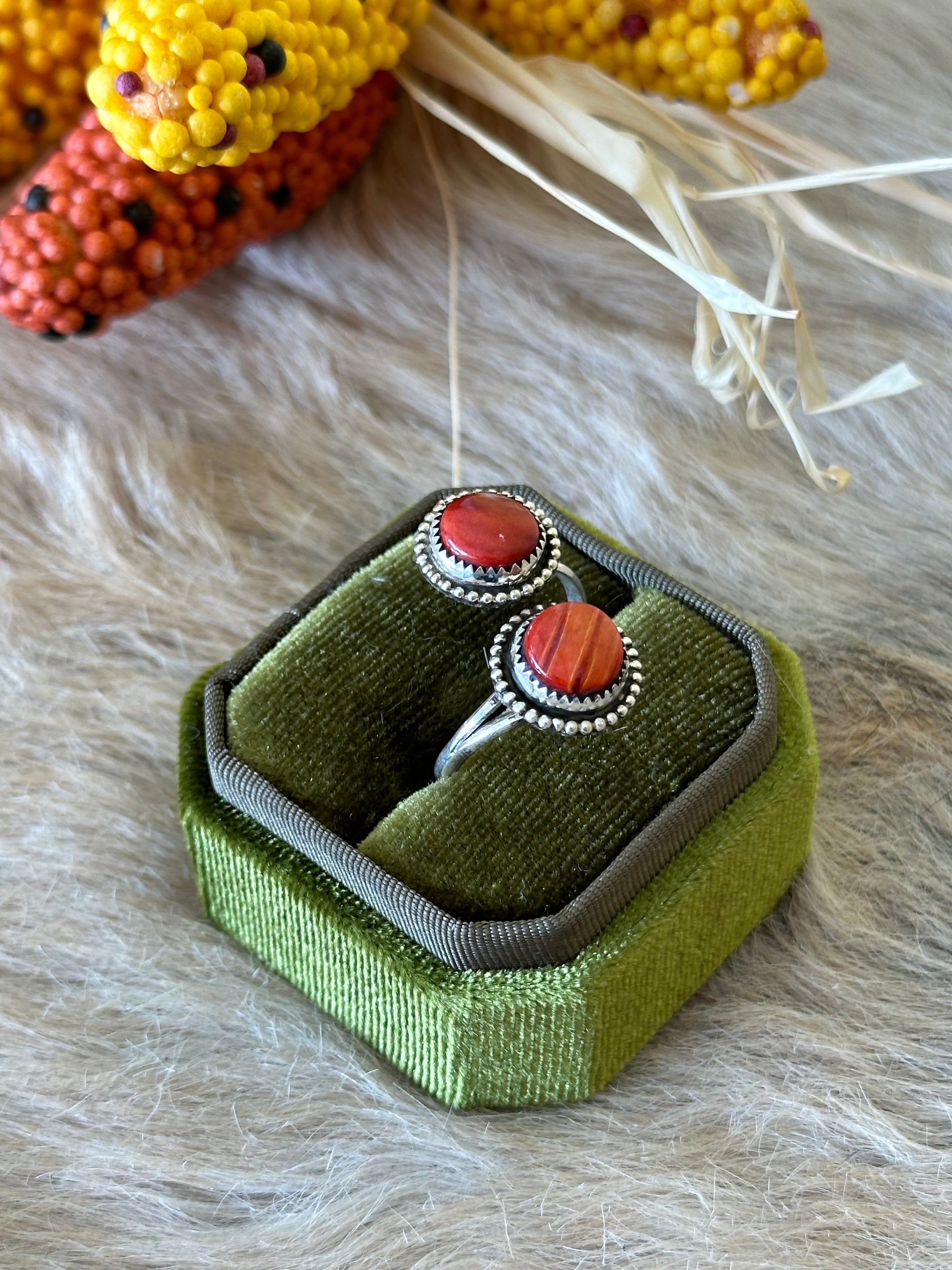 Navajo Handmade Red Spiny Oyster & Sterling Silver Adjustable Ring