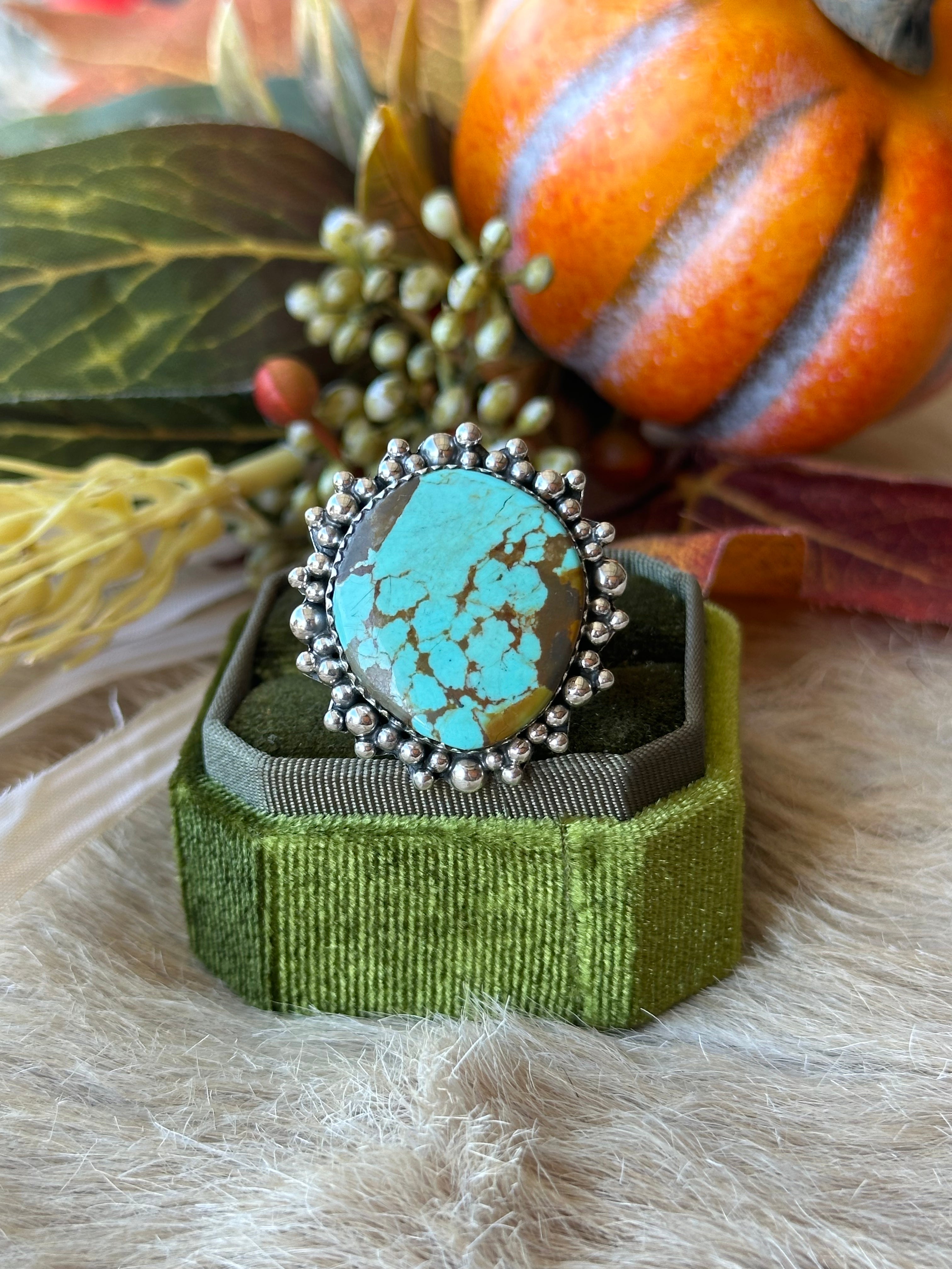 Southwest Handmade #8 Turquoise & Sterling Silver Adjustable Ring