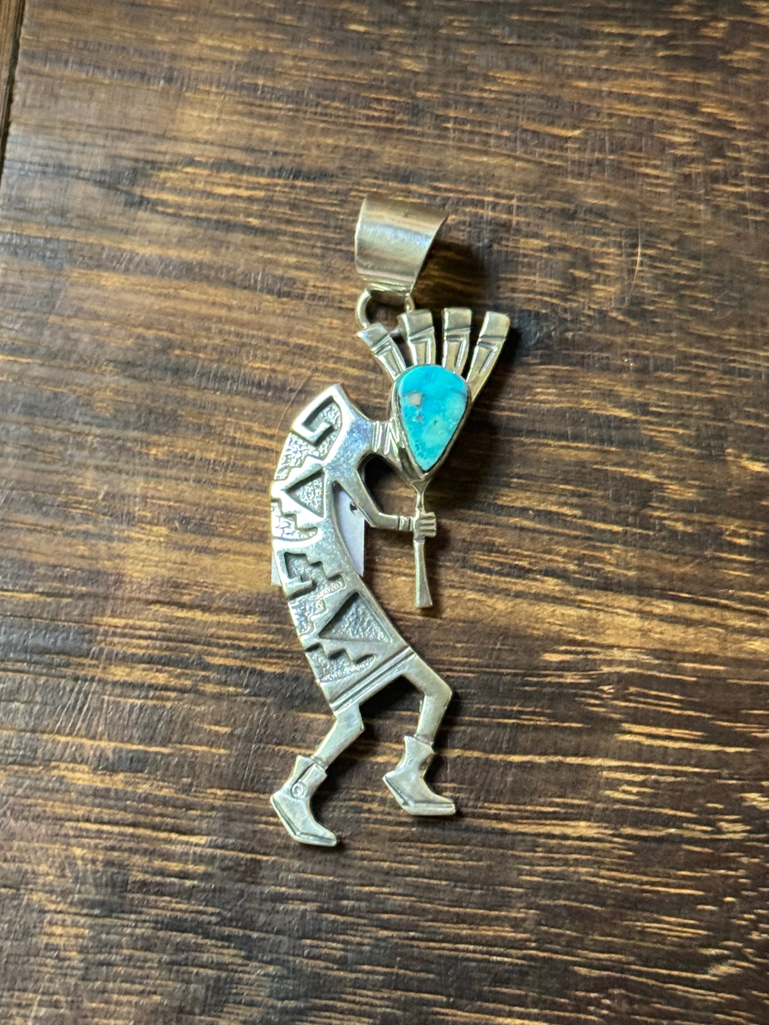 Navajo Made Turquoise & Sterling Silver Kokopelli Pendant